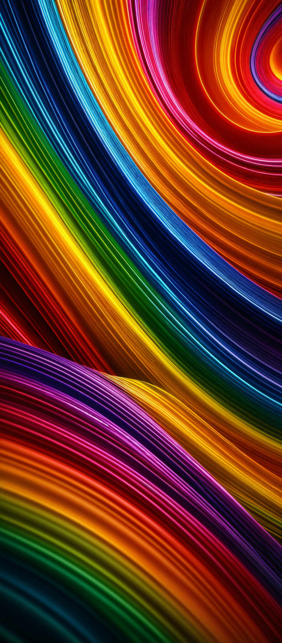 The image showcases a vibrant and colorful abstract design. It features a swirling pattern of lines and curves, each painted in a distinct color. The colors range from deep blues and purples to bright yellows, oranges, and reds. The swirls create a sense of movement and fluidity, giving the image a dynamic and lively appearance.