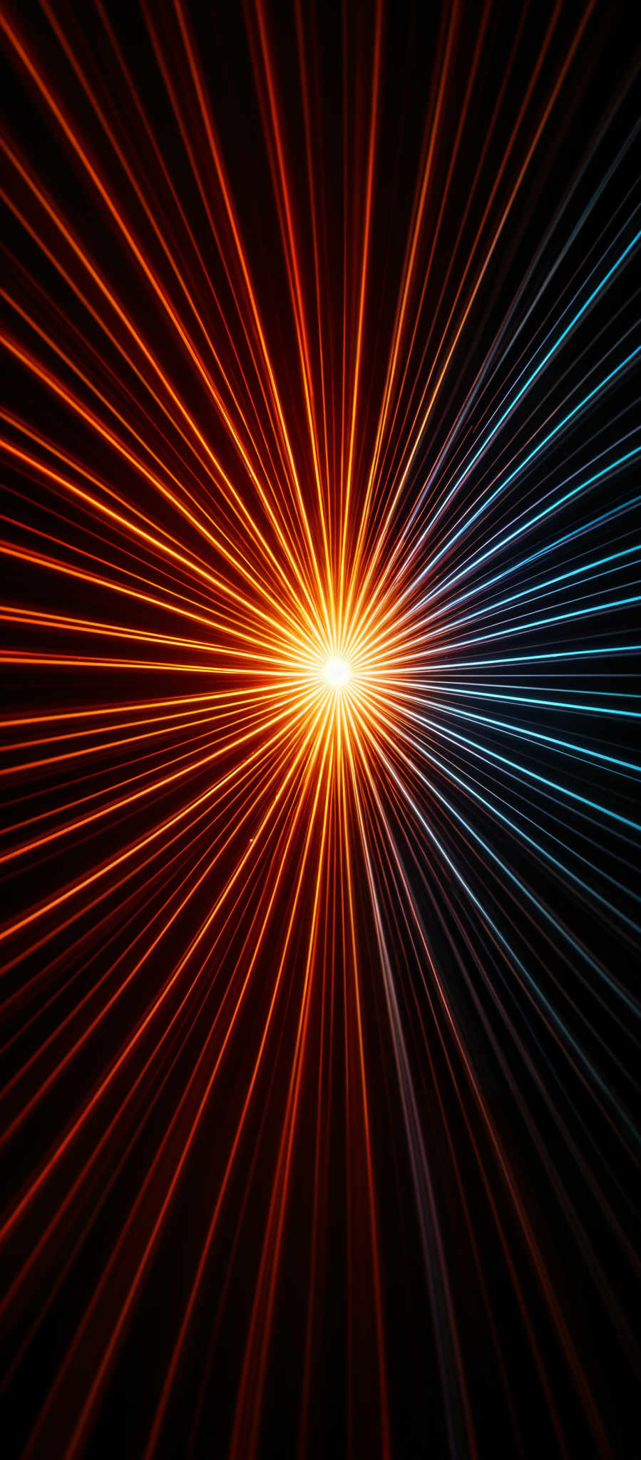 The image showcases a vibrant and dynamic scene with radiating lines emanating from a central point. The colors are predominantly a mix of fiery orange and deep blue, creating a stark contrast. The shape is reminiscent of a radial or explosive burst, with the lines converging towards a bright, glowing center. The overall effect is one of energy, movement, and perhaps even a sense of explosion or transformation.