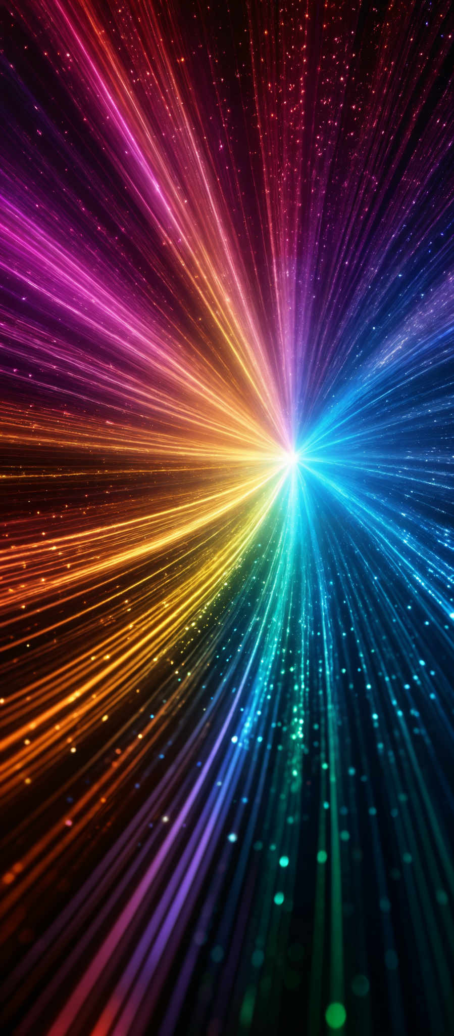 The image showcases a vibrant and dynamic visual of colorful streaks radiating outwards from a central point. The colors range from deep purples and blues at the outer edges to bright yellows, oranges, and reds at the center. These streaks appear to be made of light or energy, and they converge towards a bright blue point in the center, giving the impression of a burst or explosion. The overall shape is reminiscent of a radial or explosive pattern, with the colors emanating outward in a beautiful, swirling manner.