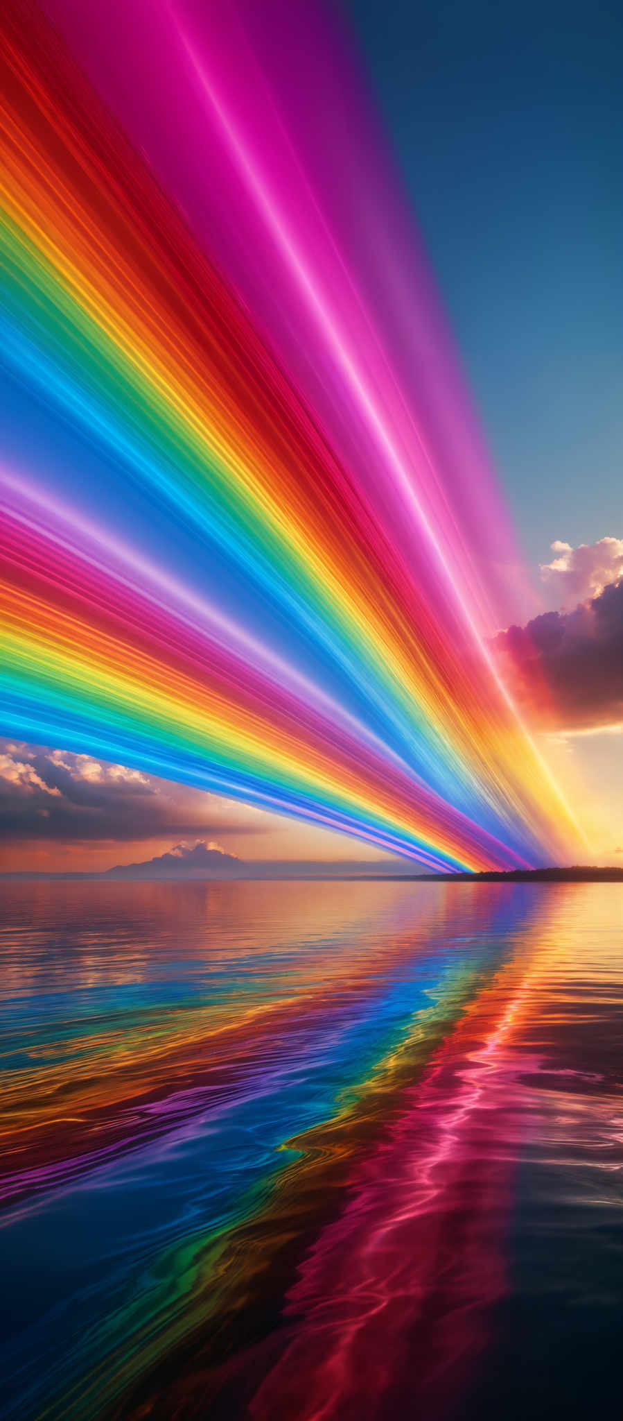 The image showcases a vibrant and colorful rainbow that extends from the top left corner to the bottom right corner. The rainbow consists of multiple colors, including red, orange, yellow, green, blue, indigo, and violet. The colors are arranged in a spectrum, with each color transitioning smoothly into the next. The background of the image features a serene body of water reflecting the colors of the rainbow. Above the water, there's a clear blue sky with a few scattered clouds. The overall ambiance of the picture is peaceful and ethereal.