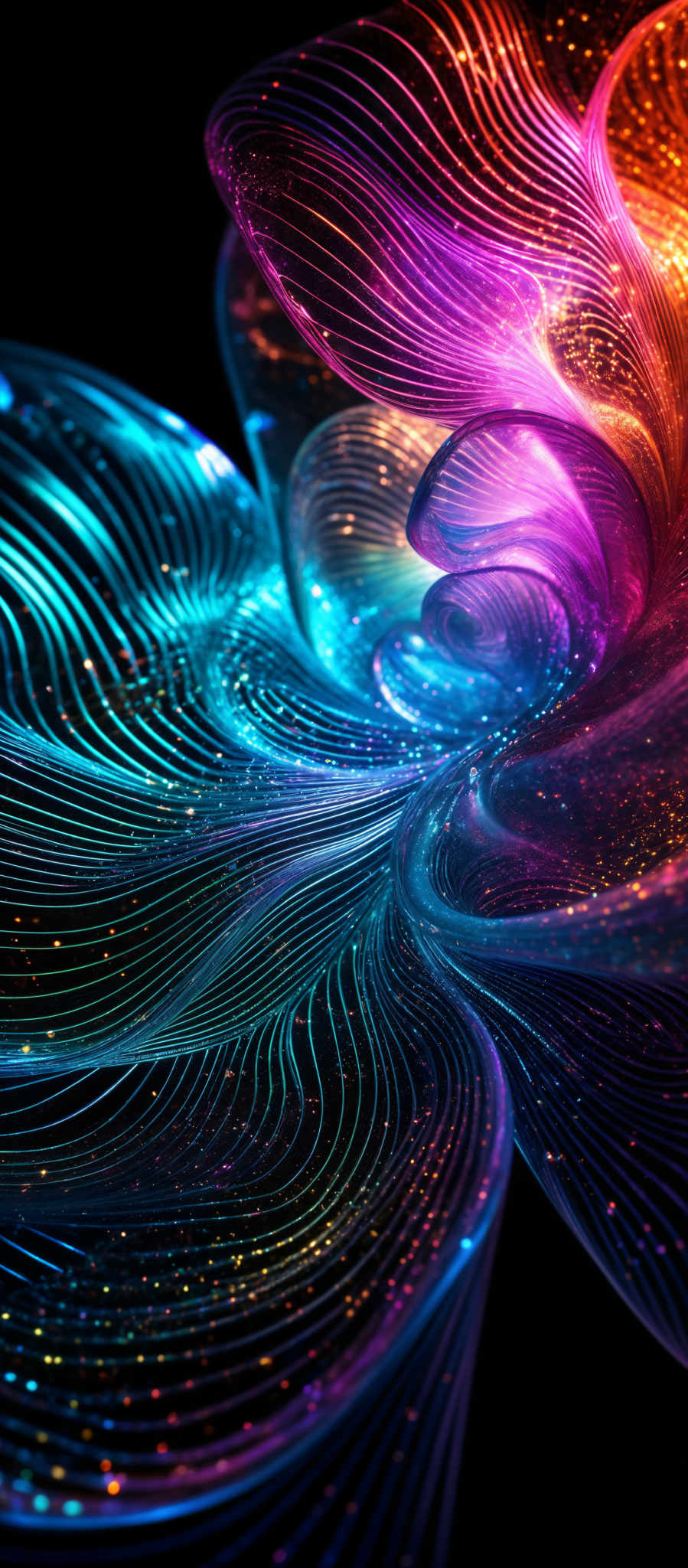 The image showcases a vibrant and intricate swirl of colorful patterns. The dominant colors are shades of blue, pink, and orange, interspersed with specks of gold. The patterns resemble flowing, wavy lines and curves, reminiscent of swirling smoke or liquid. The swirls are intertwined, creating a mesmerizing and dynamic visual effect.