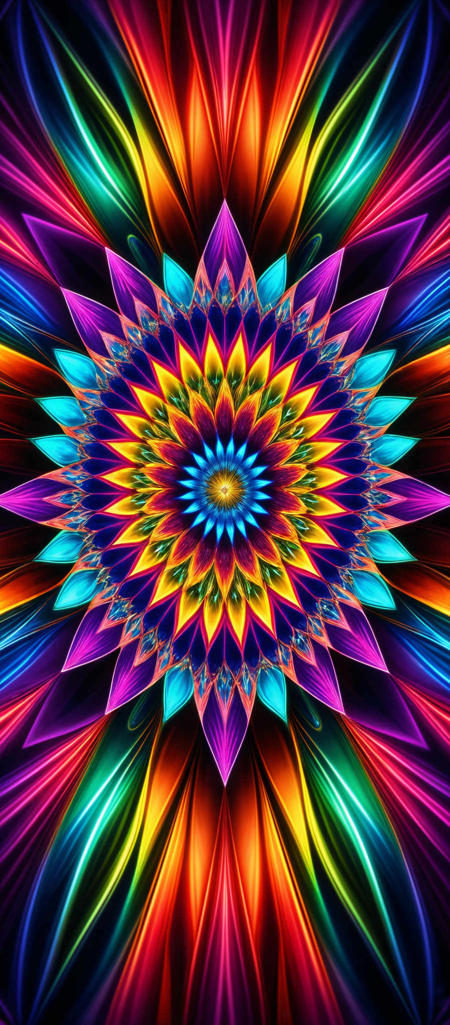 The image showcases a vibrant and intricate mandala design. The colors are a mesmerizing blend of blues, reds, yellows, and greens. The central figure is a large, symmetrical flower-like design with multiple petals radiating outwards. The petals are adorned with intricate patterns and are in a variety of colors, including deep blues and bright yellos. The background consists of a gradient of colors transitioning from dark at the edges to a luminous center, creating a dynamic and captivating visual effect.