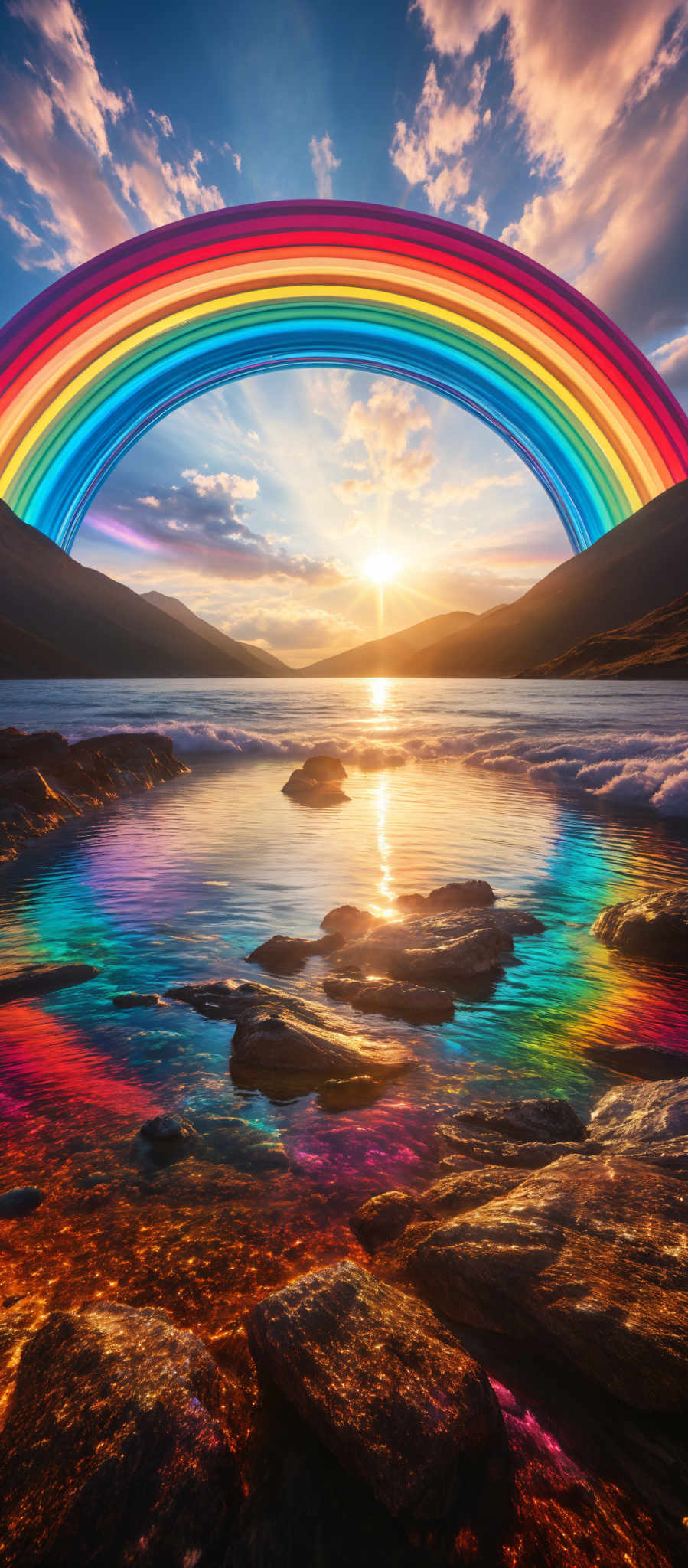 The image showcases a vibrant and colorful rainbow arching over a serene landscape. The rainbow is composed of multiple layers, each with a distinct color ranging from red at the top to violet at the bottom. Below the rainbow, there's a calm body of water reflecting the colors of the sky and the rainbows. The sky is painted with hues of blue, orange, and pink, suggesting either a sunrise or sunset. In the distance, there are mountains, and the sun is shining brightly, casting a golden glow over the scene. The foreground features rocks and pebbles in the water, which are also reflecting some of the colors from