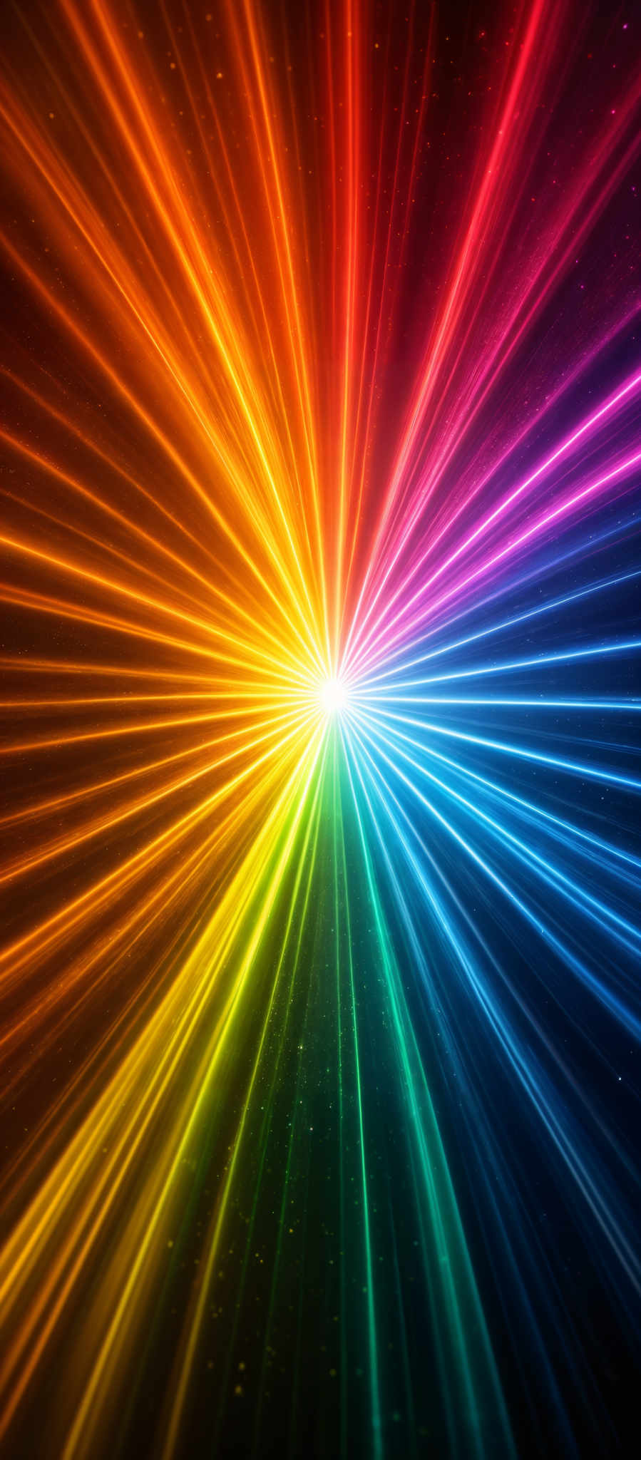 The image showcases a vibrant and radiant display of colors. It features a central point emitting a bright light, surrounded by streaks of light that radiate outwards in a radial pattern. The colors transition smoothly from one hue to another, creating a spectrum that resembles a rainbow. The background is dark, which accentuates the brightness and vividness of the colors.