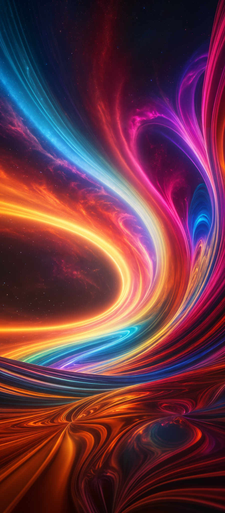 The image showcases a vibrant and mesmerizing swirl of colors. The dominant colors include deep blues, fiery reds, and radiant oranges. The swirls are fluid and wavy, resembling flowing liquid or perhaps the graceful movement of celestial bodies. The shapes are abstract and fluid, with no distinct forms, but they give an impression of motion and energy. The background is dark, possibly representing space, with specks of light, suggesting distant stars or galaxies.