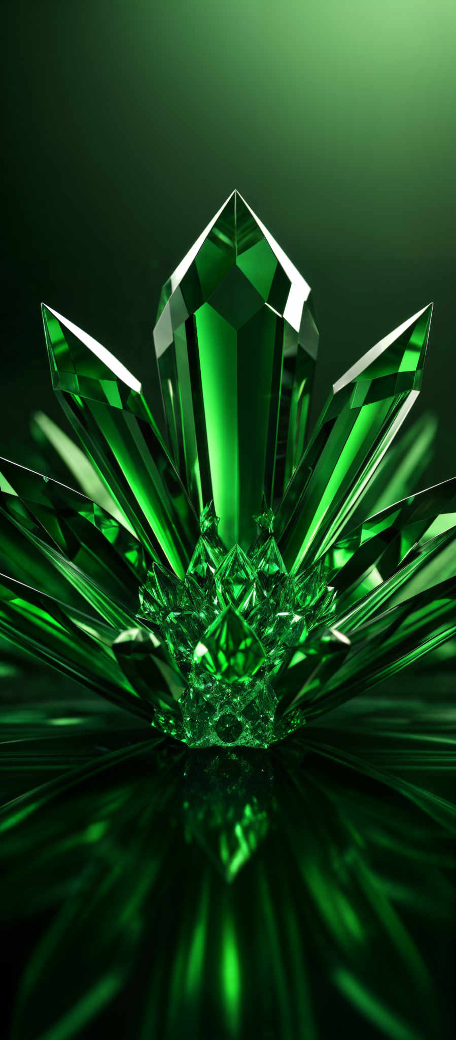 The image showcases a vibrant green crystal with sharp, faceted edges. The crystal appears to be in the shape of an elongated hexahedron, with multiple smaller crystals emerging from its base. The background is a gradient of dark green, creating a contrast that accentuates the luminosity and sharpness of the crystal.