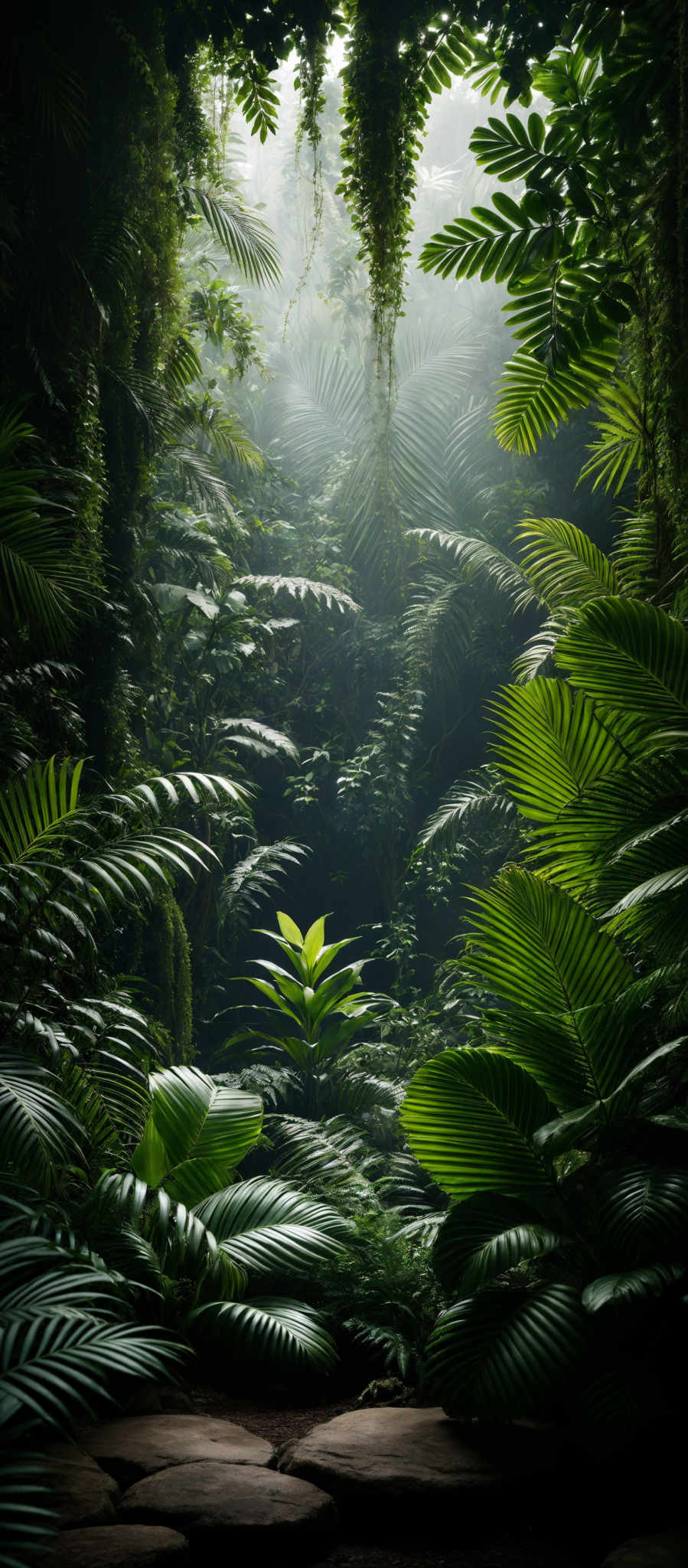 The image showcases a lush, verdant jungle or forest. Dominating the scene are various types of tropical plants, including large palm fronds, ferns, and underbrush. The predominant color is green, representing the dense foliage. The plants have diverse shapes, ranging from broad, fan-like palm leaves to slender fern fronds. The ground is covered with a mix of soil and fallen leaves, and there are stone-like structures, possibly stepping stones, leading into the depths of the forest. The atmosphere is misty, adding a sense of mystery and depth to the scene.