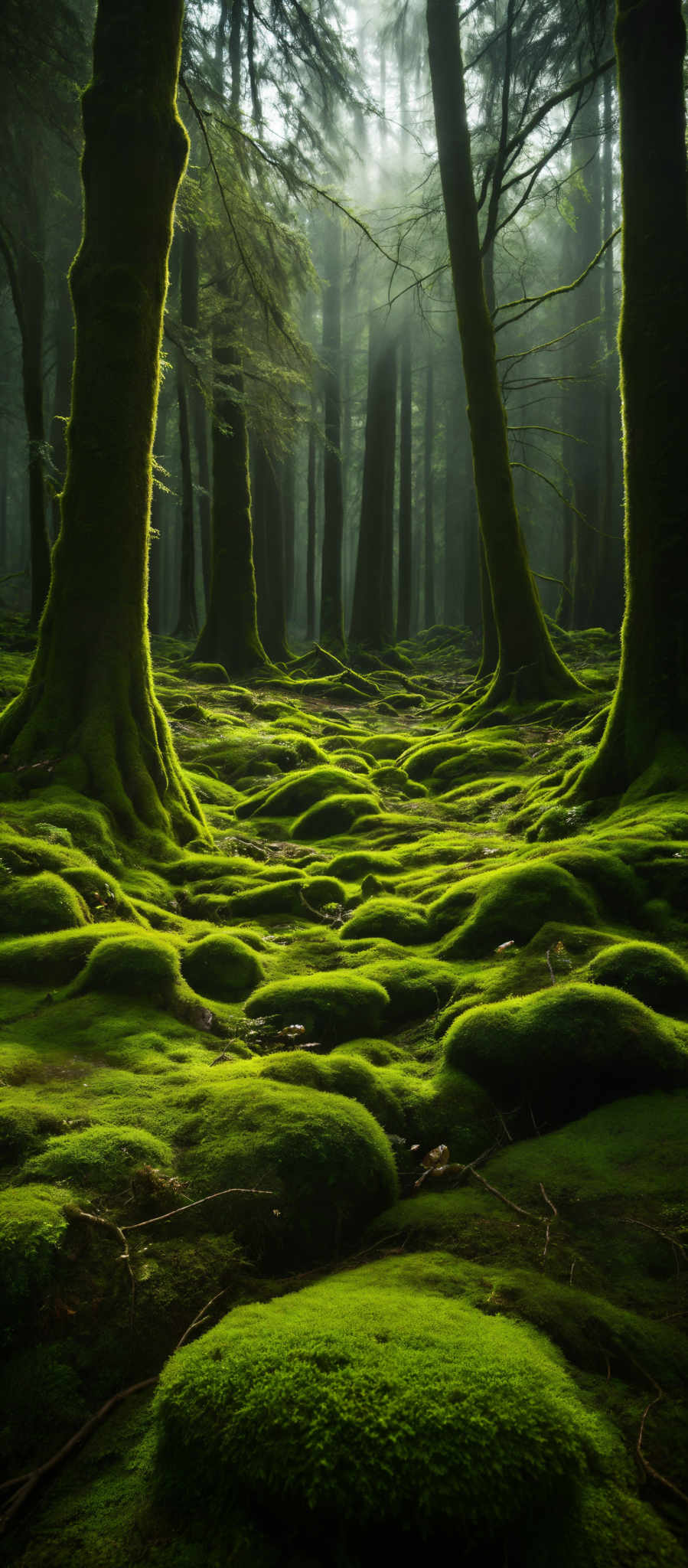 The image showcases a lush forest with tall, slender trees. The trees have a thick, moss-covered trunk, giving them a green hue. The forest floor is carpeted with vibrant green moss, forming a pattern of mounds and patches. The sunlight filters through the trees, casting a soft, ethereal glow on the scene. The overall color palette is dominated by various shades of green, with hints of brown from the tree trunks and the forest floor.