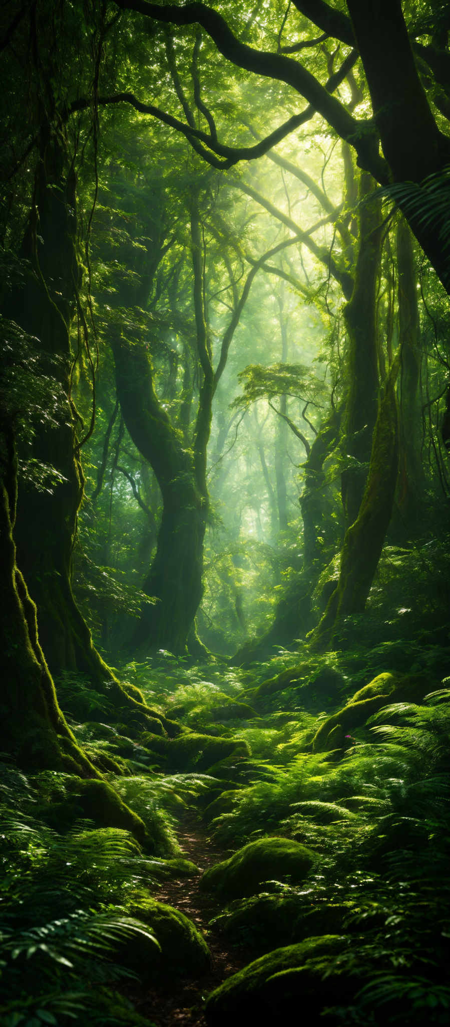 The image showcases a lush, verdant forest. The dominant colors are various shades of green, representing the dense foliage and moss-covered ground. The trees have twisted and gnarled trunks, suggesting they are old and have weathered many storms. The forest floor is covered with moss, ferns, and a few scattered stones. Sunlight filters through the canopy, casting dappled light on the forest floor and creating a serene, ethereal atmosphere.