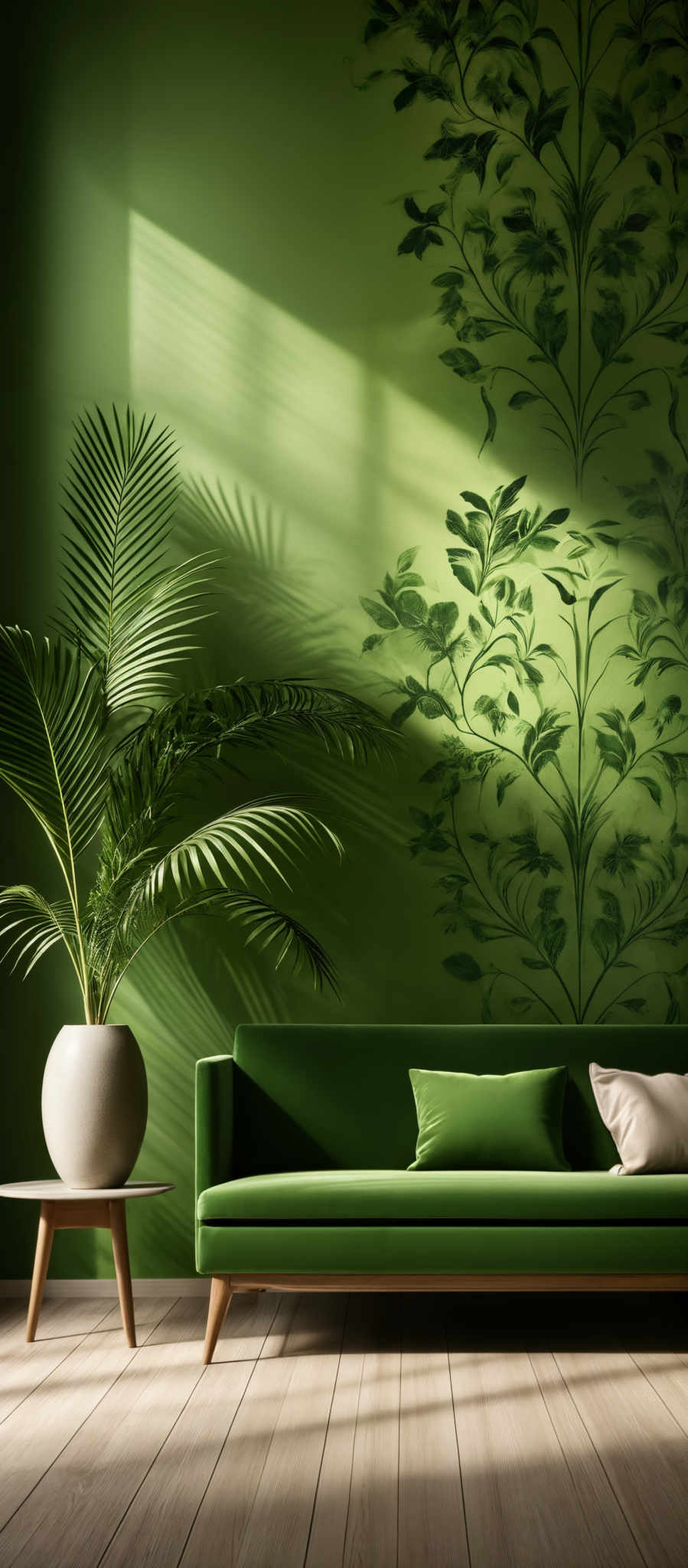 The image predominantly features shades of green. The wall is painted in a deep green hue with a botanical pattern that consists of intricate leaf designs. There's a large potted plant with long, slender leaves, positioned to the left. The plant is placed on a round table with three wooden legs. In the foreground, there's an elegant green sofa with a matching cushion. The sofa has a modern design with wooden legs and a sleek, curved shape.