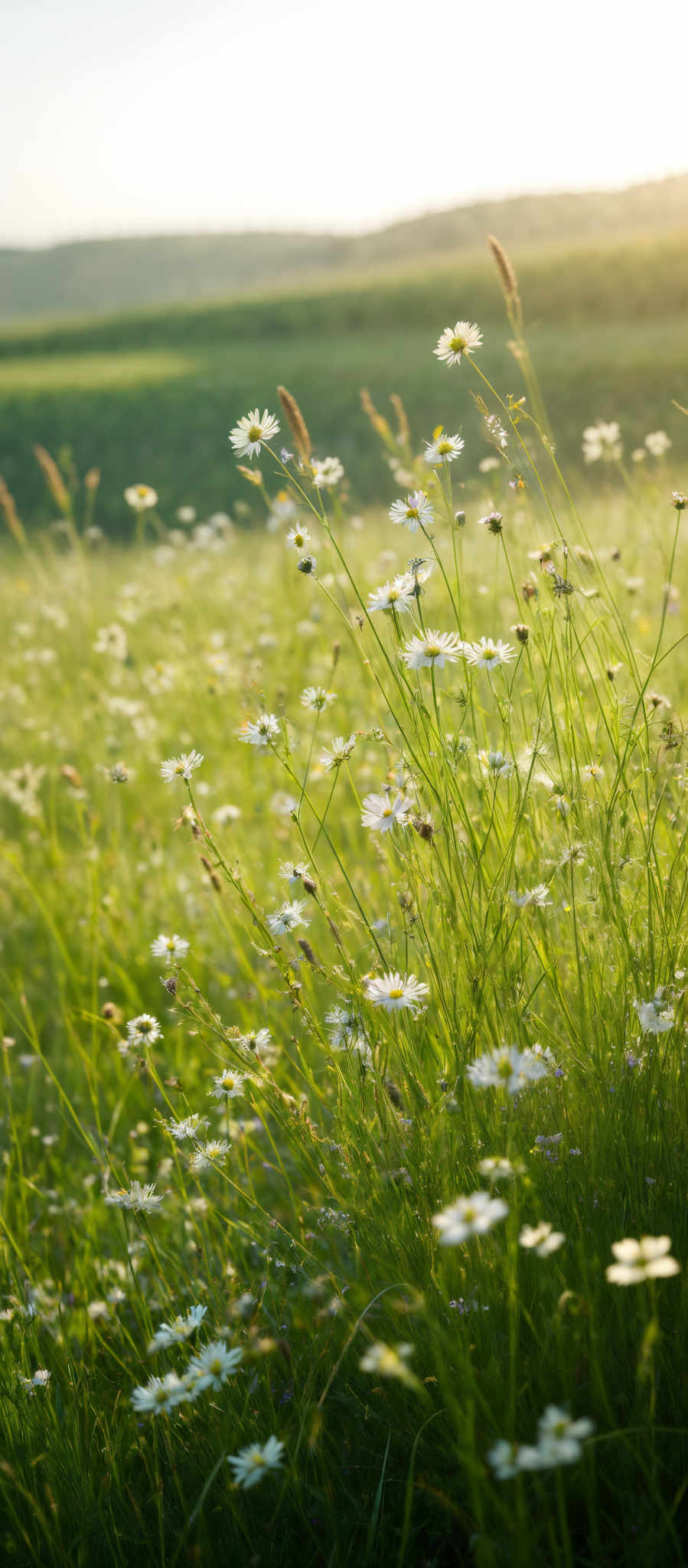 The image showcases a vibrant and lush green meadow dotted with white daisy-like flowers. The sunlight filters through the grass, casting a warm golden hue over the scene. In the background, there's a gentle slope of a hill covered with greenery, and the sky above is clear with a hint of a sunset or sunrise.