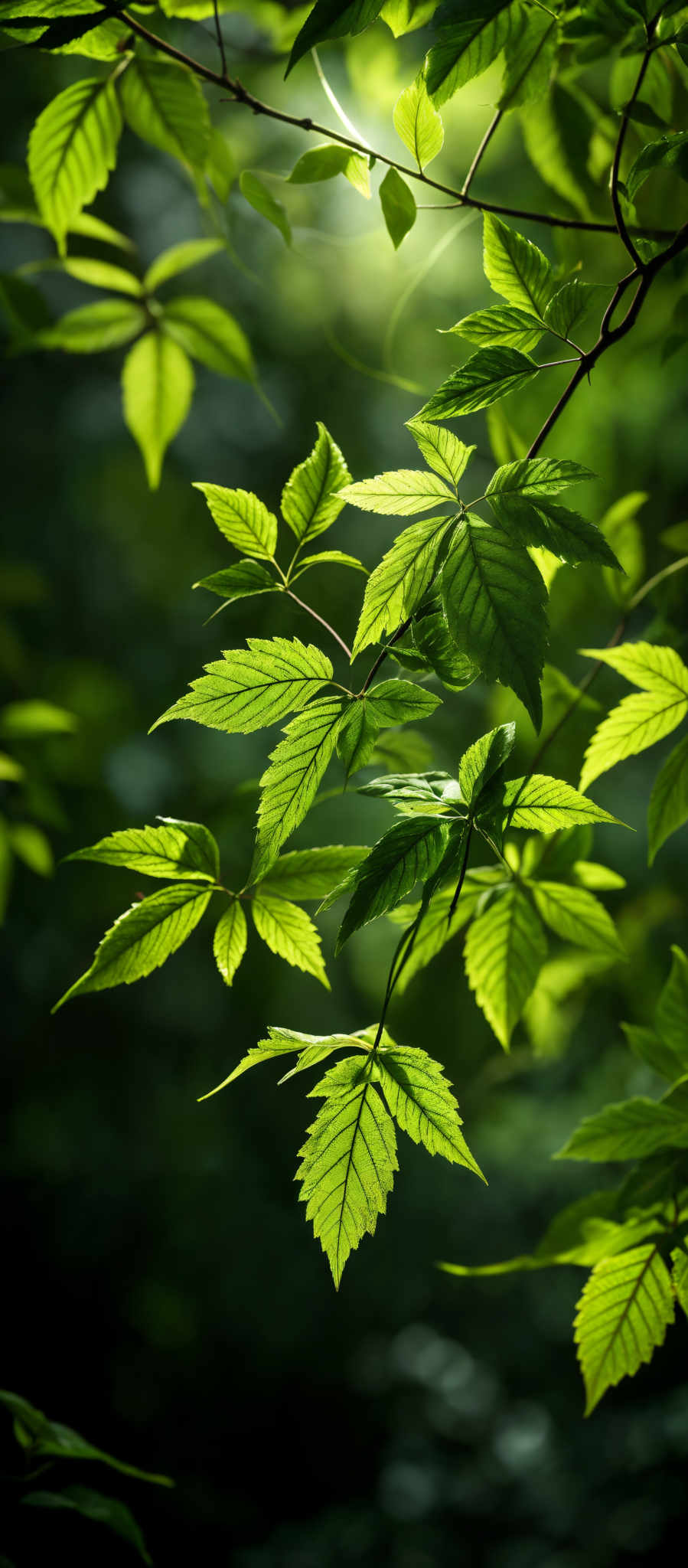 The image showcases vibrant green leaves, some of which are in the shape of elongated ovals, while others have a more jagged appearance. The leaves are densely packed, creating a canopy-like effect. The background is slightly blurred, emphasizing the leaves and giving a sense of depth. The lighting appears to be natural, possibly from sunlight, casting a soft glow on the leaves.