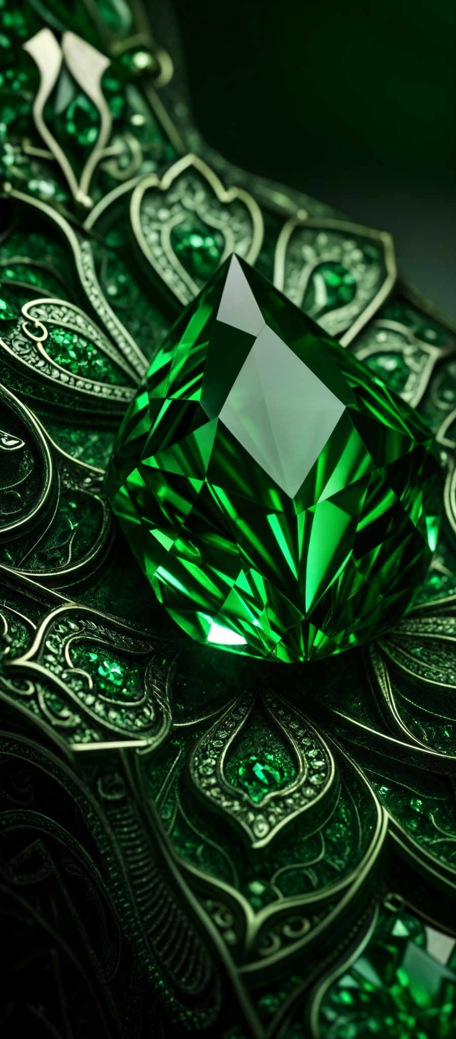 The image showcases a vibrant green gemstone, possibly a diamond, set against a backdrop of intricate metalwork. The metalwork is ornate, featuring swirling patterns and motifs, predominantly in a dark hue, possibly black or deep gray. The gemstone is octahedral in shape, with sharp, clear facets reflecting light. The overall ambiance of the image is one of luxury and opulence.