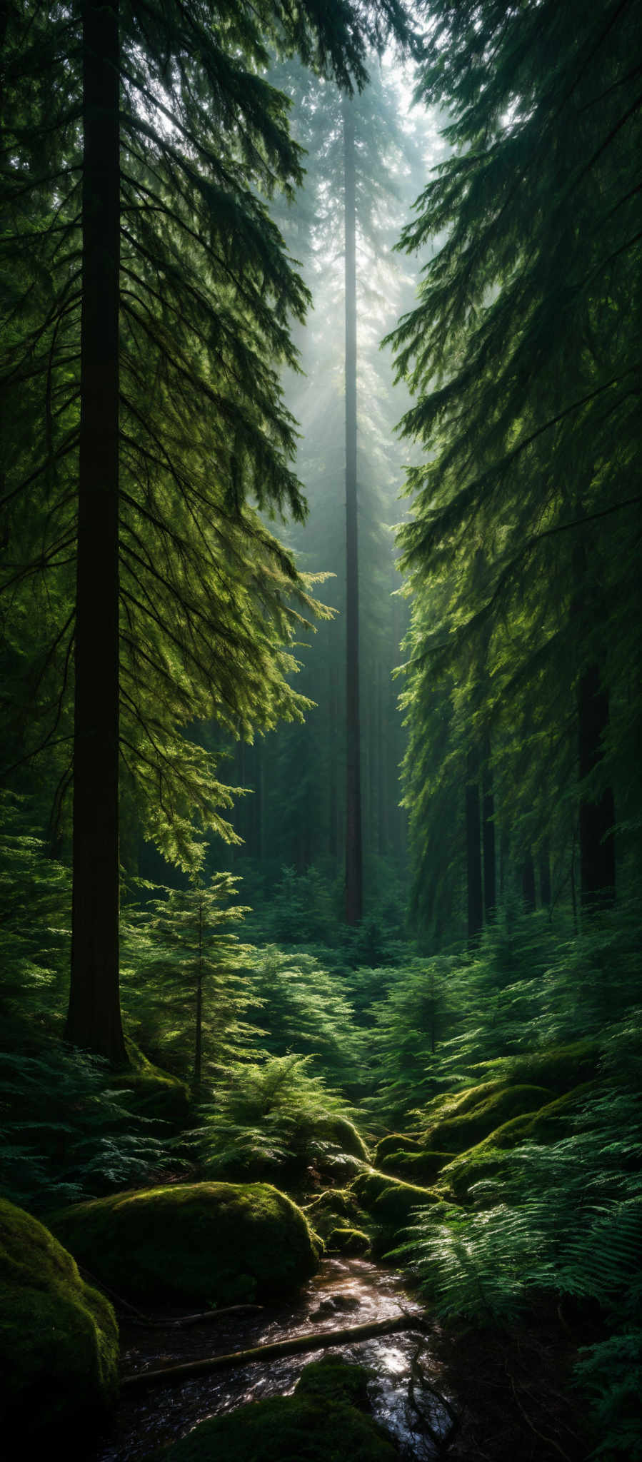 The image showcases a serene forest scene. Dominating the foreground are moss-covered rocks and a small stream. The trees, primarily conifers, are tall and slender, with their needles displaying a rich green hue. The forest floor is carpeted with ferns and moss, adding a deep green color to the scene. The light filtering through the trees creates a soft, ethereal glow, casting shadows and highlights that add depth and dimension to the image, making it appear as though the forest is alive and breathing.