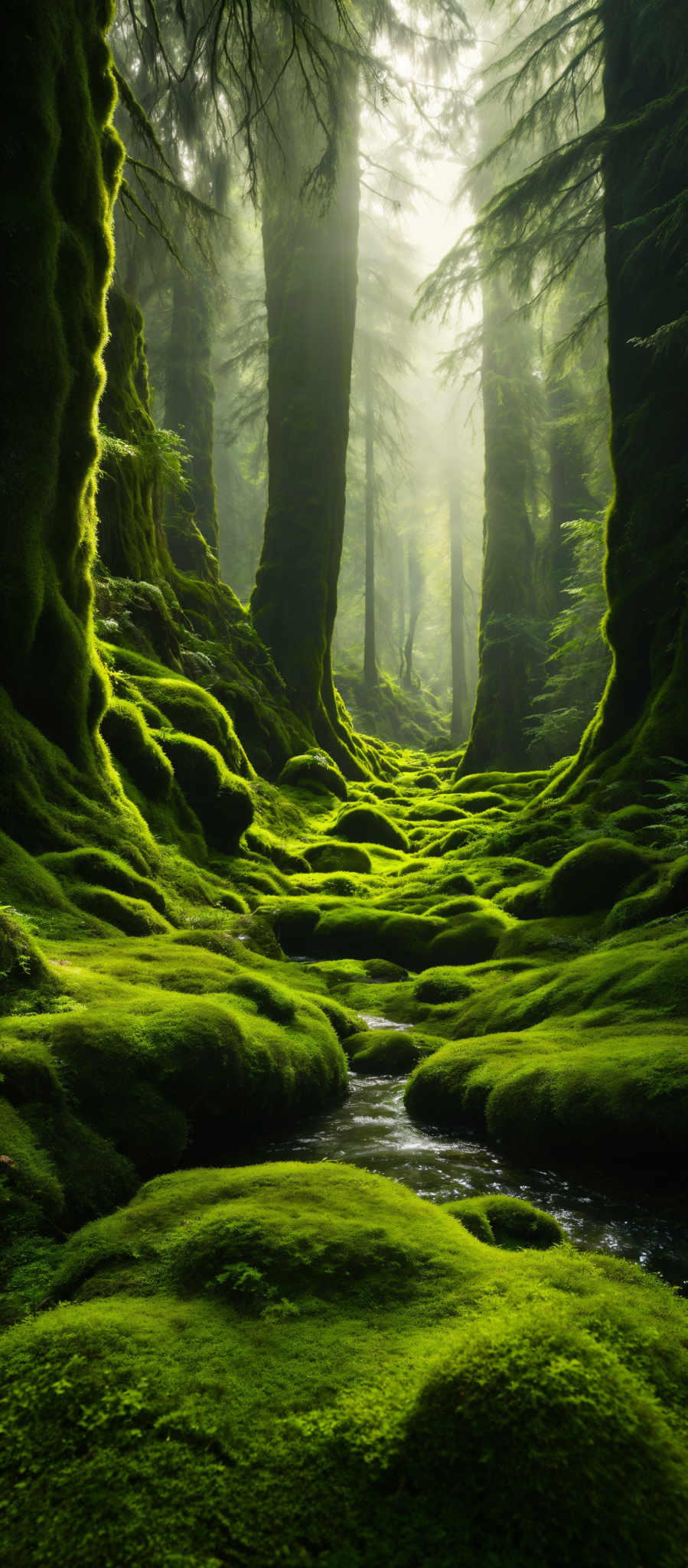 The image showcases a lush, verdant forest with tall, ancient trees covered in moss. The ground is carpeted with vibrant green moss, forming a soft, cushioned pathway. Sunlight filters through the trees, casting a serene glow and creating a play of light and shadow. The trees have a thick, rugged texture, and their branches extend out in various directions. The overall ambiance of the image is tranquil and mystical.