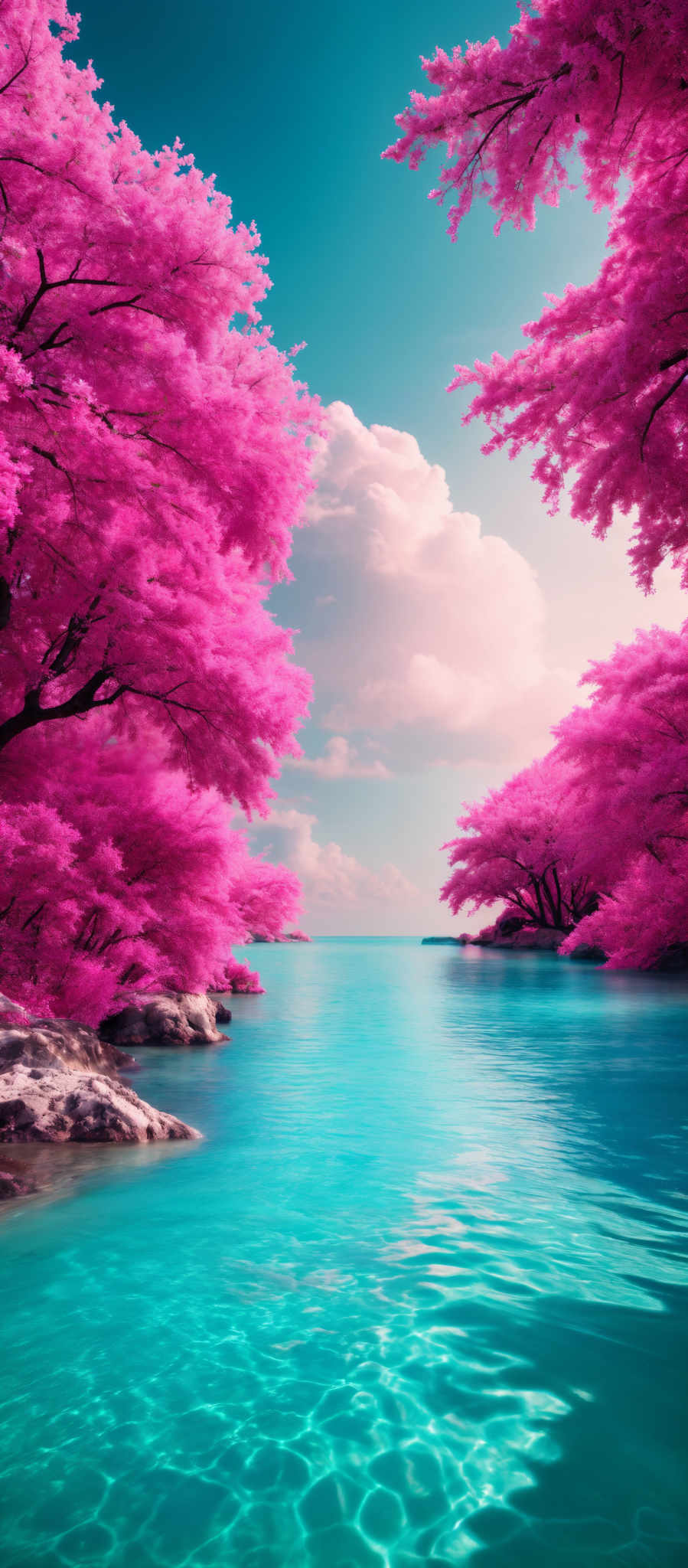 The image showcases a serene landscape with vibrant colors. Dominating the scene are trees with pink blossoms, which appear to be cherry blossom trees. These trees are situated on both sides of a calm, blue river or lake. The water is clear, allowing us to see the intricate patterns formed by the sunlight reflecting off its surface. The sky above is a gradient of light blue, with fluffy white clouds scattered about. The overall ambiance of the image is tranquil and dreamy.