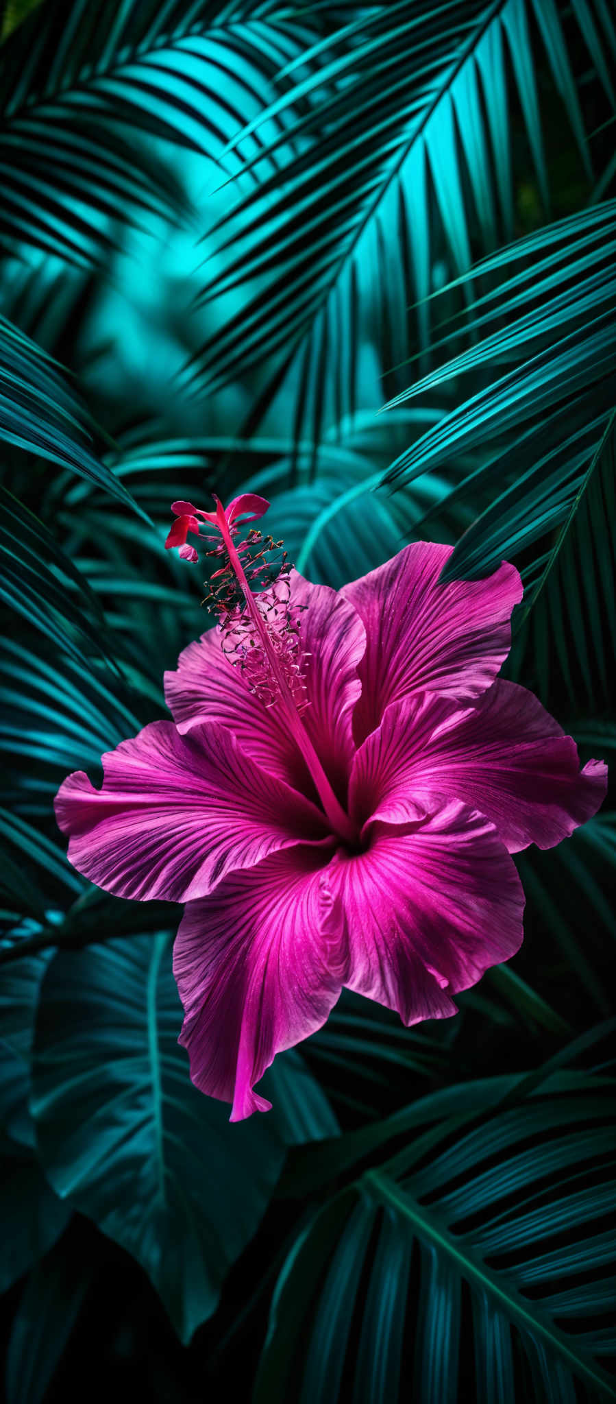 The image showcases a vibrant pink hibiscus flower with intricate details on its petals and a stamen. The flower is set against a backdrop of dark green, elongated palm leaves. The leaves have a wavy texture and are arranged in a layered manner, creating a contrast with the bright hibiscus.