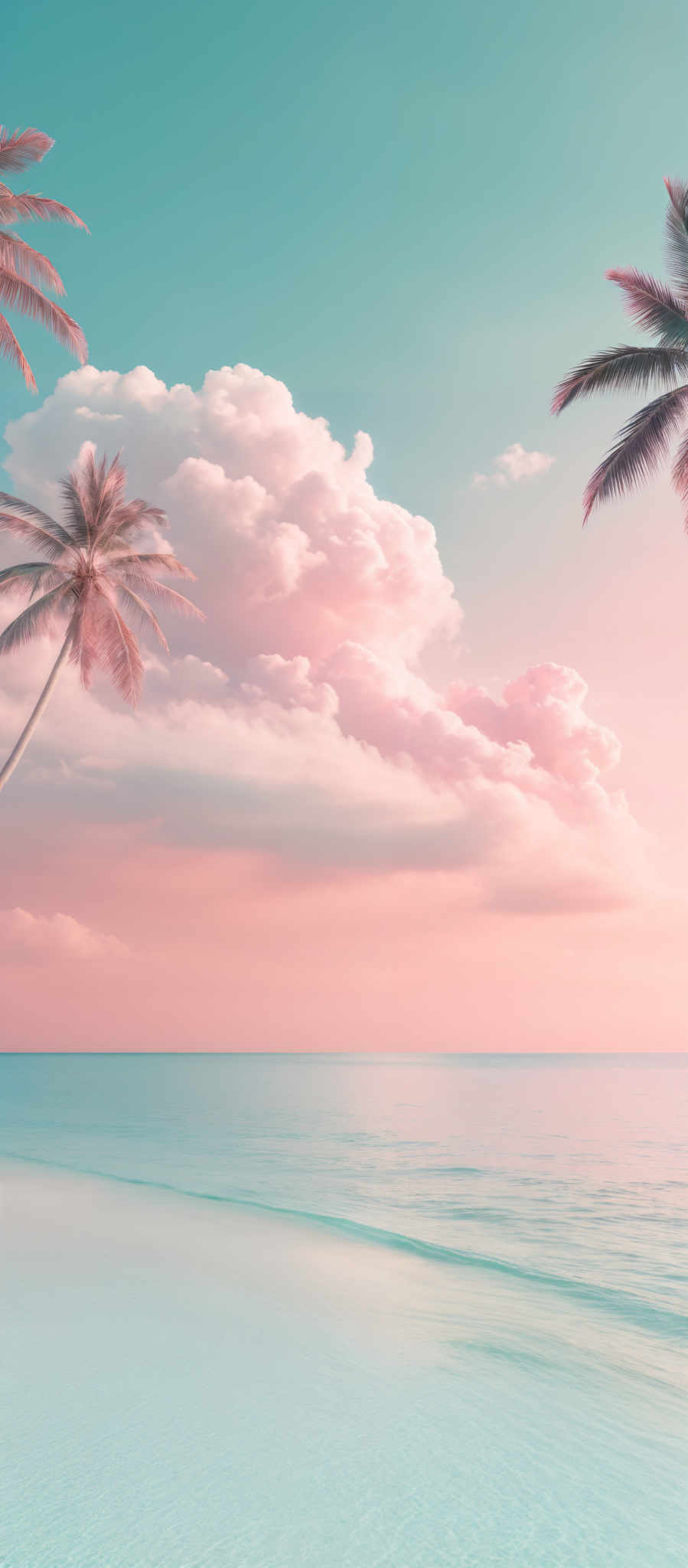 The image showcases a serene beach scene during what appears to be either dawn or dusk. The sky is painted with hues of pink, blue, and white, with fluffy clouds scattered across. The ocean reflects the colors of the sky, transitioning from a deep blue at the horizon to a lighter shade closer to the shore. Two tall palm trees stand prominently on the left side of the image, their fronds swaying gently. The sandy beach is visible in the foreground, with gentle waves lapping at its shores.