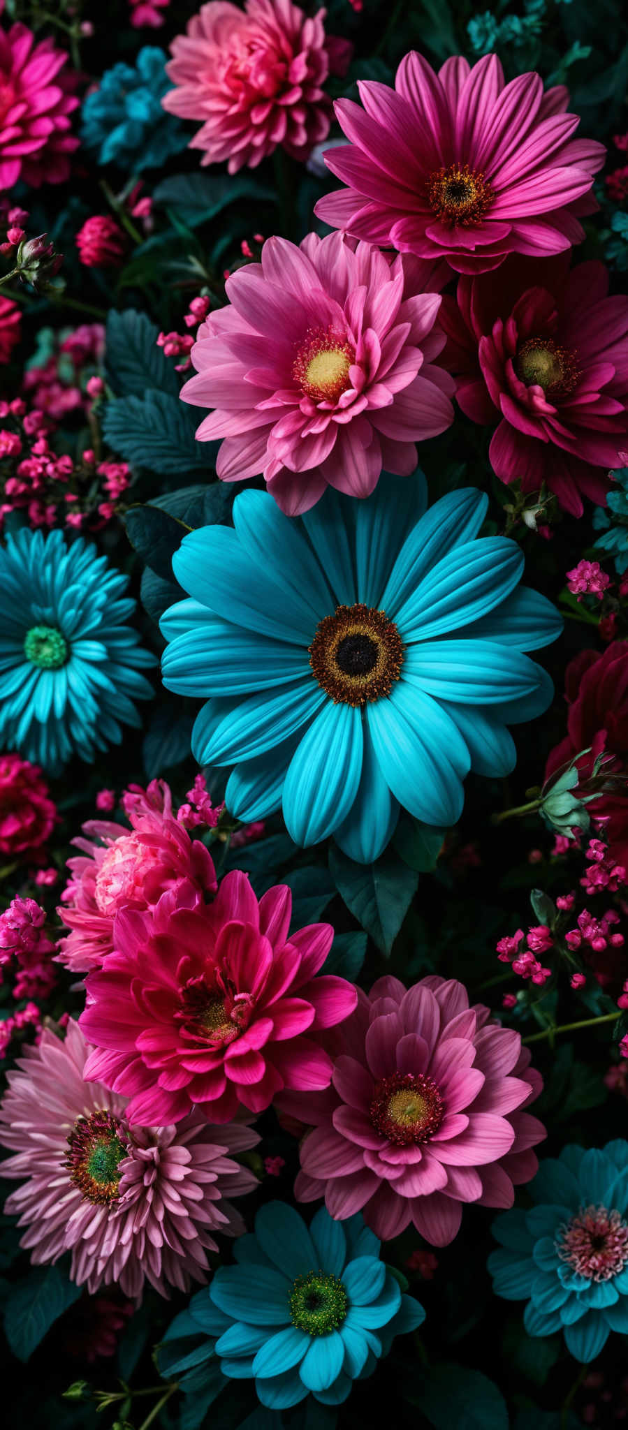 The image showcases a vibrant collection of flowers. The dominant colors are shades of pink, blue, and green. The flowers have a variety of shapes, ranging from broad petals to more slender ones. The central part of the flowers, known as the 'stamen', is prominently displayed in yellow and orange. The background is dark, which makes the flowers pop out and appear even more vivid.