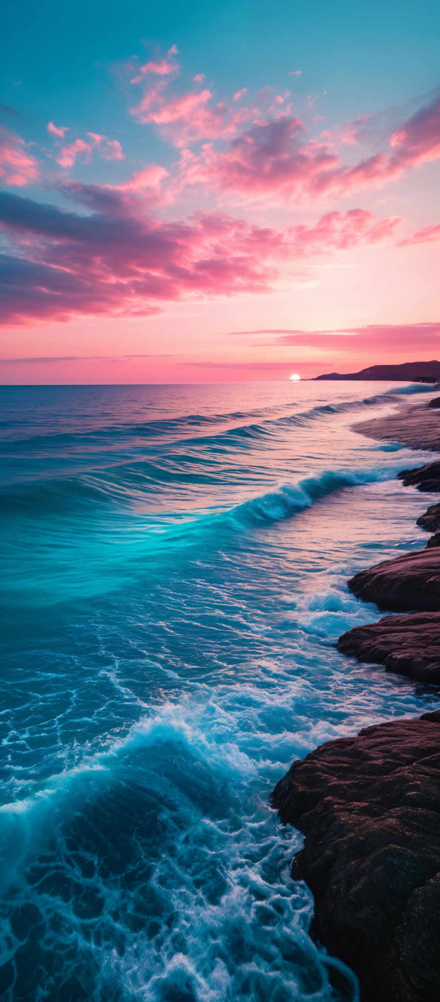 The image showcases a breathtaking seascape during sunset. The sky is painted with hues of pink, orange, and blue, with fluffy clouds scattered across. The sun is seen setting on the horizon, casting a warm glow. The sea reflects the colors of the sky, transitioning from a deep blue near the horizon to a turquoise as it approaches the shore. Waves gently crash onto a rocky shoreline, creating white foam. The rocks have a rugged texture and are dark in color, contrasting with the vibrant backdrop.