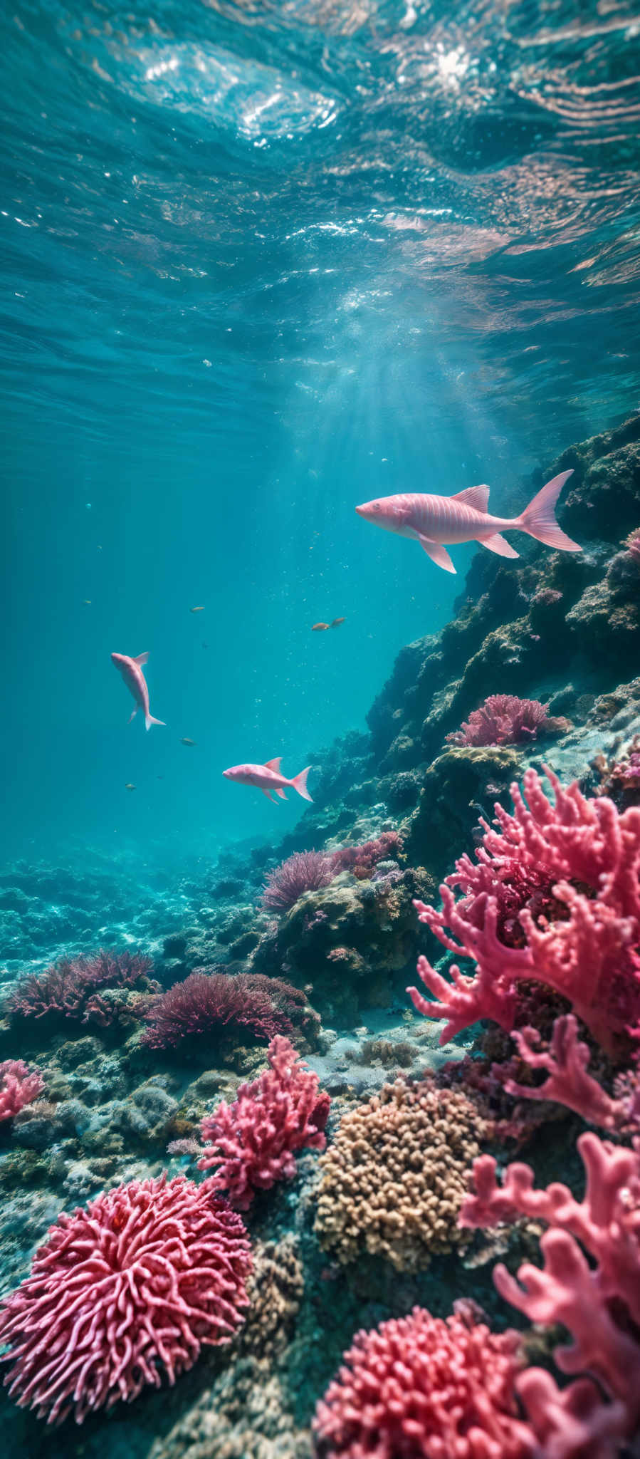 The image showcases a vibrant underwater scene. The dominant colors are shades of blue, representing the clear ocean water, and pink, representing corals. The corals are diverse in shape, with some resembling branching structures and others having more rounded forms. There are also fish swimming in the water, with one prominent fish having a striped pattern. Sunlight can be seen filtering through the water's surface, creating a shimmering effect on the corals and the water.