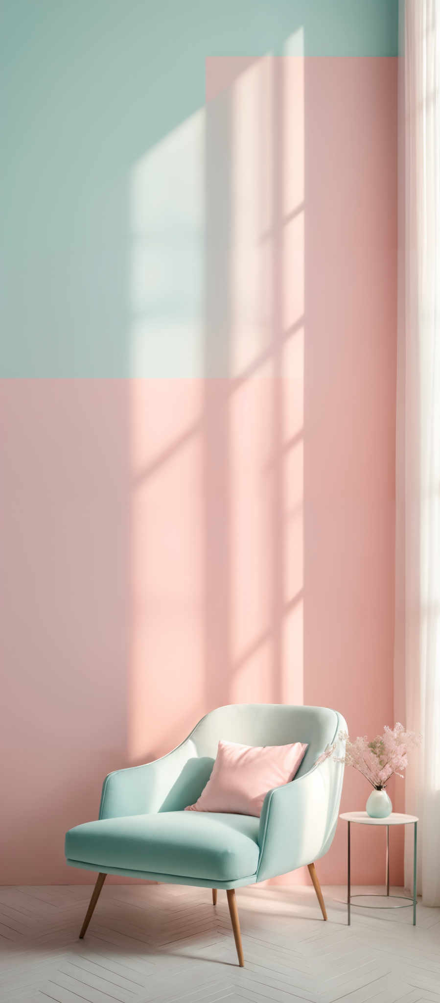 The image showcases a room with a pastel color palette. The dominant colors are a soft teal and a muted pink. The room features a large wall with these two colors, with the teal being on the top and the pink on the bottom. There's a window on the right side, allowing sunlight to cast a soft, geometric pattern on the wall. In the foreground, there's an elegant, pastel-colored lounge chair with wooden legs. The chair is adorned with a single pink cushion. Beside the chair, there is a small table with a vase containing delicate pink flowers. The floor is covered with a light-color,