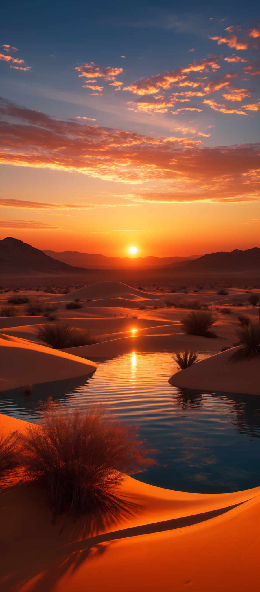 The image showcases a breathtaking desert landscape during sunset. The sky is painted with hues of orange, yellow, and blue, with scattered clouds reflecting the sun's golden light. The sun itself is nearing the horizon, casting a warm glow over the scene. The desert features undulating sand dunes with tufts of grass growing in patches. There are also reflective pools of water on the sand, capturing the sunlight and creating a mesmerizing contrast with the surrounding desert.