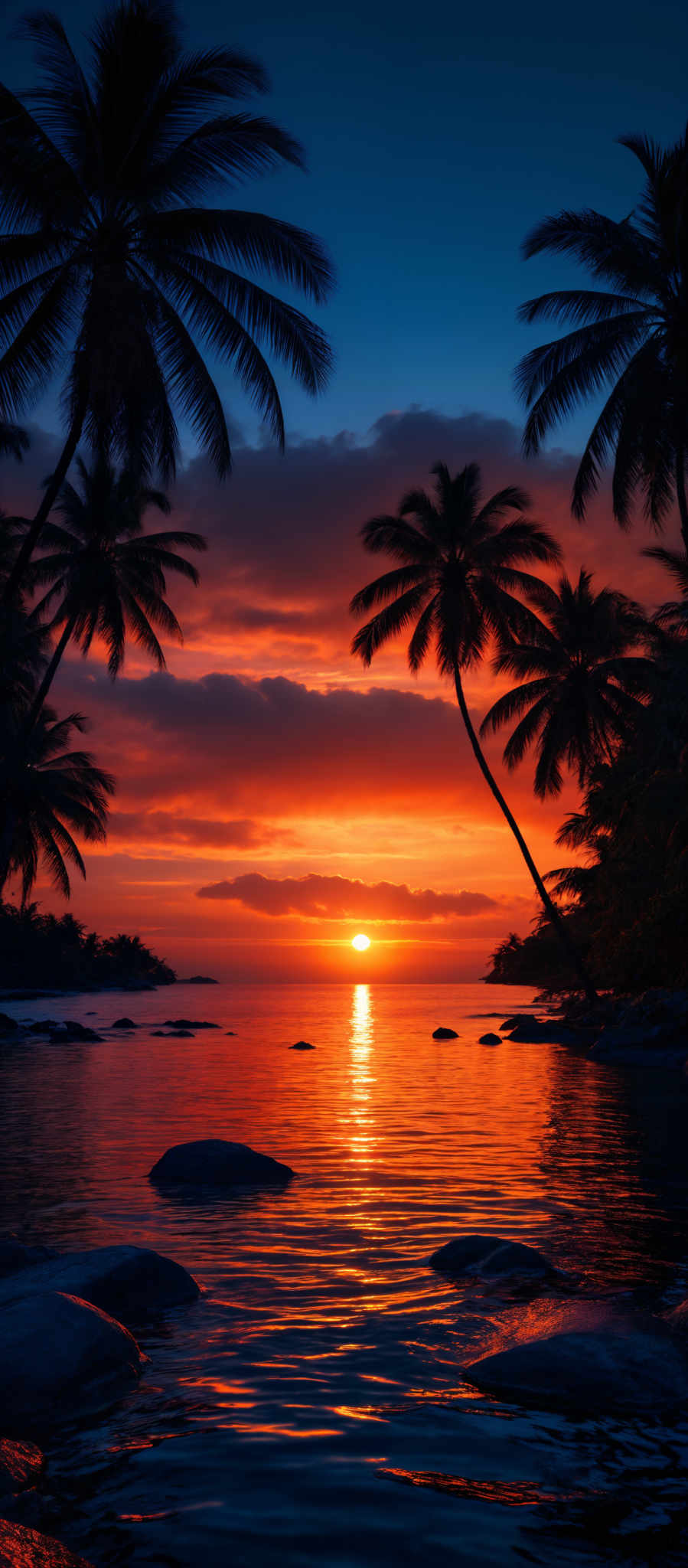 The image showcases a breathtaking sunset over a tropical beach. The sky is painted with hues of orange, red, and blue, with the sun setting near the horizon. The water reflects the vibrant colors of the sky, creating a shimmering effect. In the foreground, there are several palm trees leaning towards the water, their fronds silhouetted against the fiery backdrop. The beach is dotted with smooth, rounded rocks protruding from the water. The overall ambiance of the image is serene and tranquil, evoking feelings of relaxation and wonder.