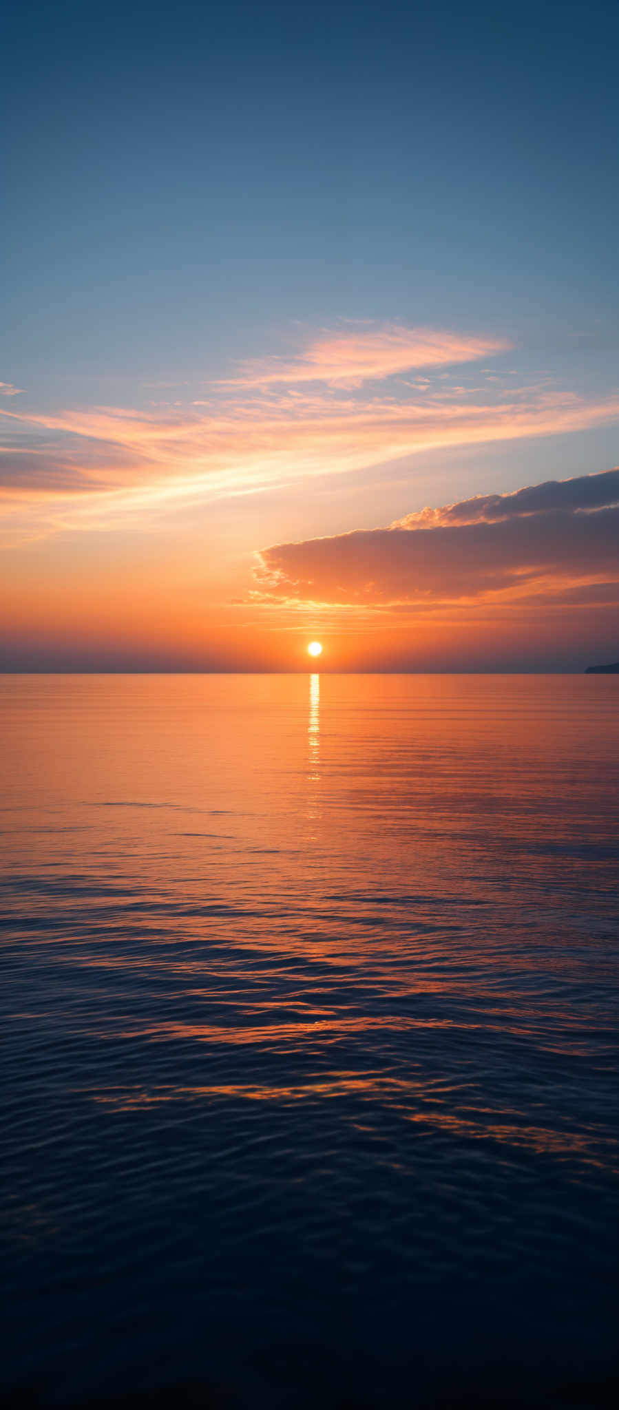 The image showcases a serene sunset over a calm body of water. The sky is painted with hues of blue, transitioning to a golden-orange near the horizon. The sun is captured just above the waterline, casting a brilliant reflection on the water's surface. The clouds are wispy and streaked, reflecting the sun's colors. The overall ambiance is tranquil and evokes a sense of peace.