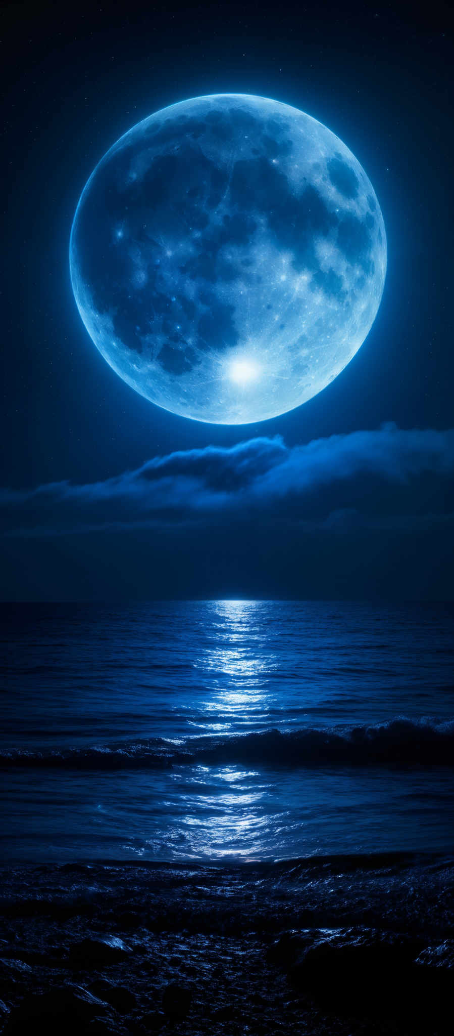 The image showcases a breathtaking night scene with a large, luminous blue moon dominating the sky. The moon's surface is detailed with craters and appears to be glowing with a bright blue light. Below the moon, there's a serene ocean with gentle waves reflecting the moon' sky. A few stars are scattered across the dark sky, adding to the ambiance. On the foreground, there are rocky shores with some vegetation, and the entire scene is bathed in a deep blue hue, creating a tranquil and mystical atmosphere.