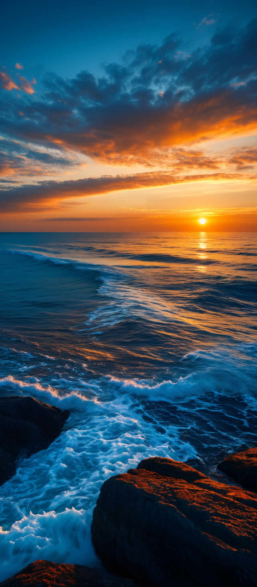 The image showcases a breathtaking seascape during sunset. The sky is painted with hues of orange, gold, and blue, with scattered clouds reflecting the sun's glow. The sun itself is nearing the horizon, casting a warm golden light over the sea. The waves crash onto the rocky shoreline, creating white foam. The rocks are dark and rugged, contrasting with the brightness of the water and sky. The horizon line separates the vast expanse of the sea from the sky, creating a sense of depth and vastness.