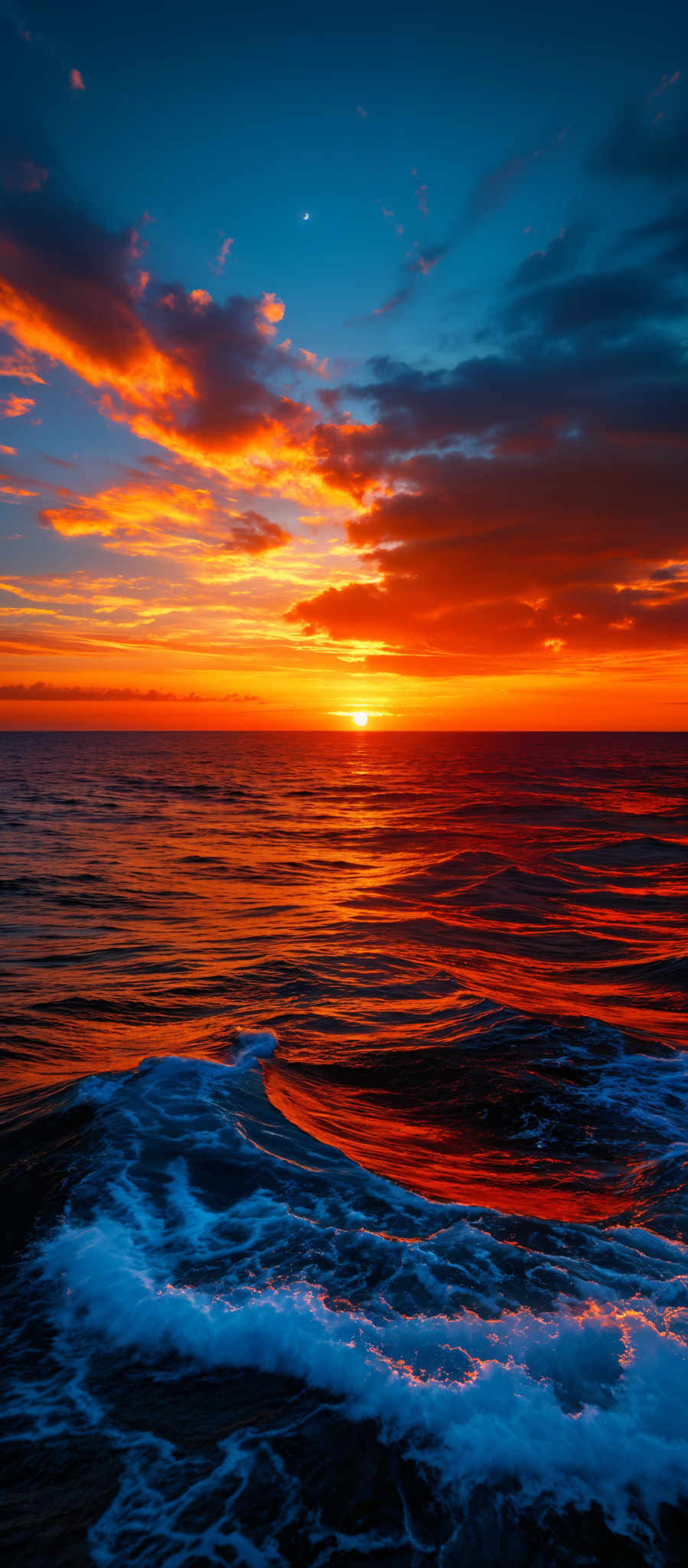 The image showcases a breathtaking sunset over the ocean. The sky is painted with hues of deep blue, fiery orange, and vibrant red, with scattered clouds reflecting the sun's golden light. The sun itself is nearing the horizon, casting a brilliant glow that illuminates the water below. The waves crash gently on the shore, creating white foam. The horizon line is clearly visible, separating the vast expanse of the ocean from the sky.