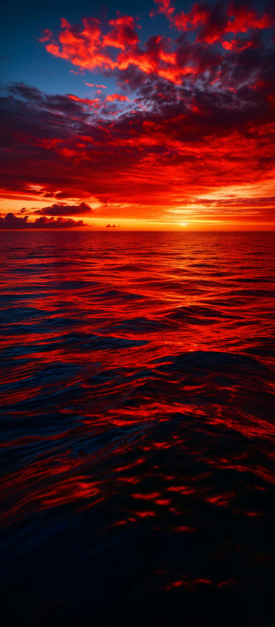 The image showcases a breathtaking sunset over a vast body of water. The sky is painted with a myriad of colors, ranging from deep blues at the top to fiery oranges and reds closer to the horizon. The clouds are scattered, with some appearing as fluffy white formations and others taking on a fiery hue, reflecting the sun's glow. The water below mirrors the sky's colors, with shimmering reflections of the sunset. The horizon is where the sky meets the water, and the sun is just about to set, casting a golden glow over the scene.