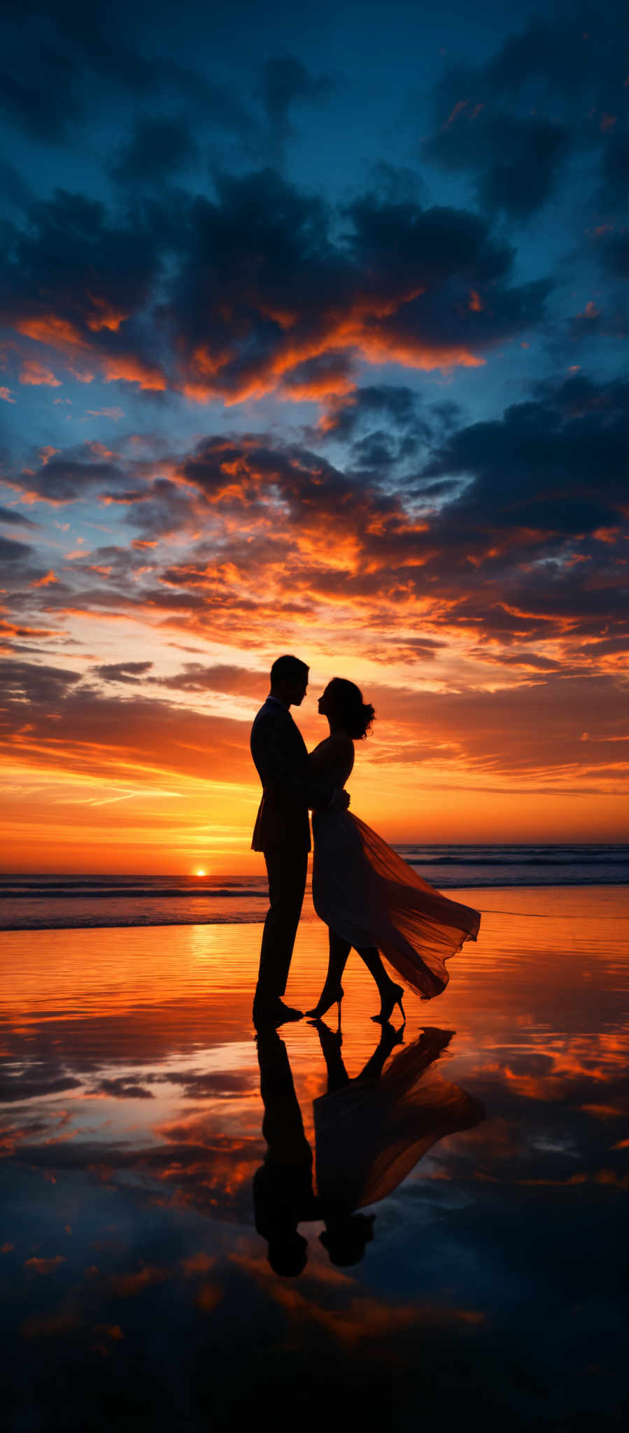 The image showcases a breathtaking sunset with a myriad of colors ranging from deep blues to fiery oranges and reds. The sky is dotted with clouds that are illuminated by the setting sun, creating a dramatic and picturesque backdrop. In the foreground, there's a silhouette of a couple, presumably a man and a woman, standing close to each other on a beach. The man is wearing a suit, and the woman is in a flowing dress. Their reflections are mirrored on the wet sand below them, adding to the serene ambiance of the scene.