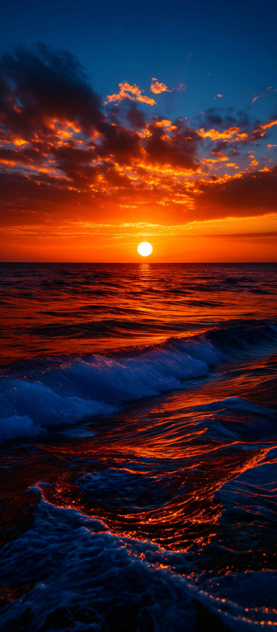 The image showcases a breathtaking sunset over the ocean. The sky is painted with hues of deep blue, fiery orange, and vibrant red, with scattered clouds reflecting the sun's golden light. The sun itself is a bright, round orb, positioned near the horizon, casting a warm glow over the water. The ocean waves are captured in motion, with their white foam contrasting against the darker waters. The reflection of the sun and the sky on the water's surface adds depth and dimension to the scene.