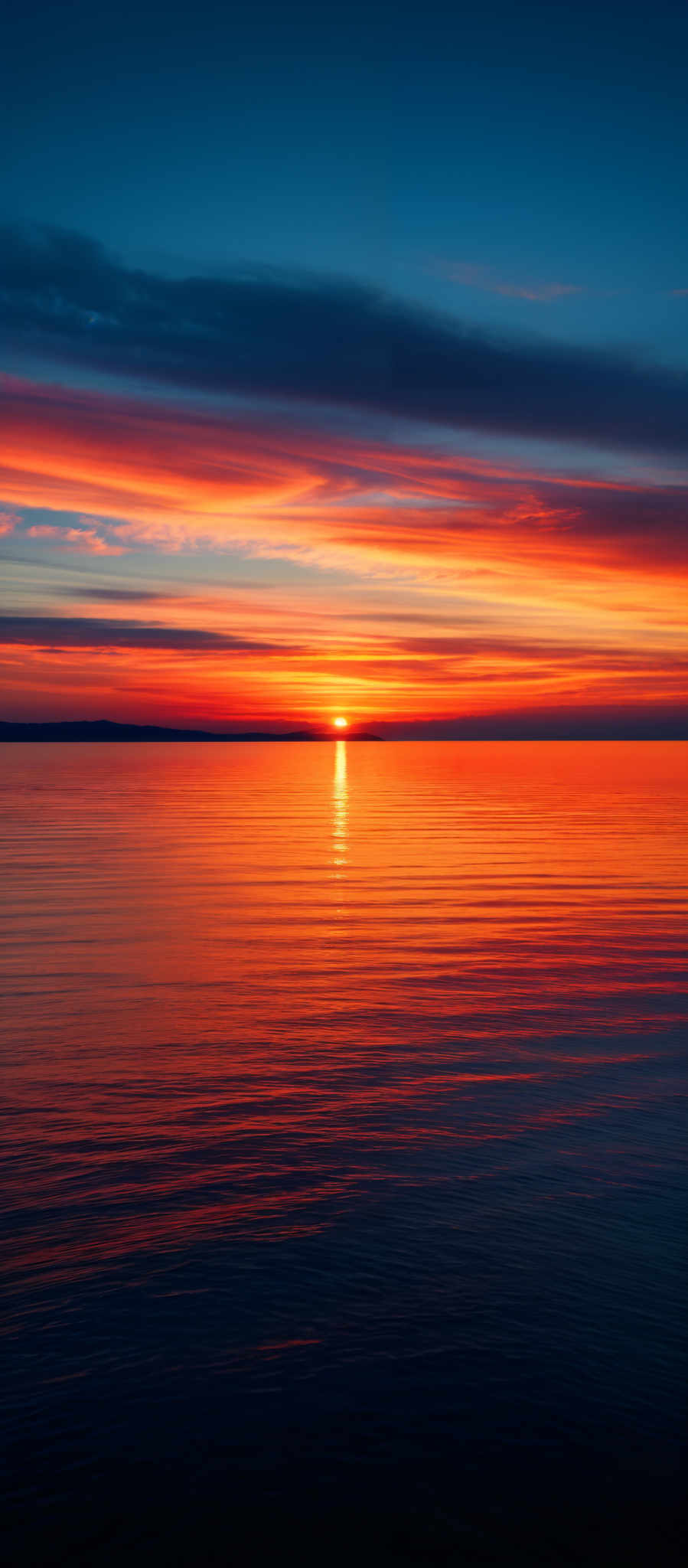 The image showcases a breathtaking sunset over a calm body of water. The sky is painted with a gradient of colors, transitioning from deep blue at the top to fiery orange and red hues near the horizon. The sun is positioned just above the waterline, casting a brilliant reflection on the water's surface. The horizon is slightly visible, with a faint silhouette of land or an island. The water reflects the vibrant colors of the sky, creating a harmonious blend of colors.