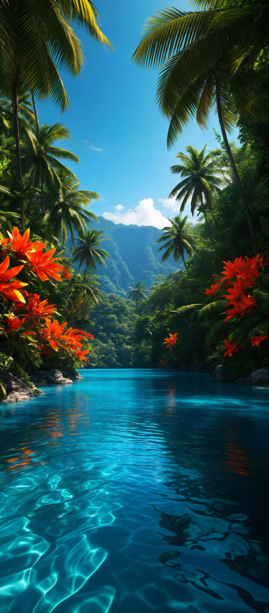 The image showcases a serene tropical landscape. Dominating the foreground is a clear, turquoise-colored body of water, reflecting the sky above. The water is surrounded by lush greenery, including tall palm trees with their fronds swaying in the breeze. On the right side of the image, there are vibrant red flowers, possibly a type of poinsettia, adding a splash of color to the scene. In the background, there's a dense forest with a range of mountains, partially obscured by the mist. The sky above is clear with a few scattered clouds, suggesting a bright and sunny day.