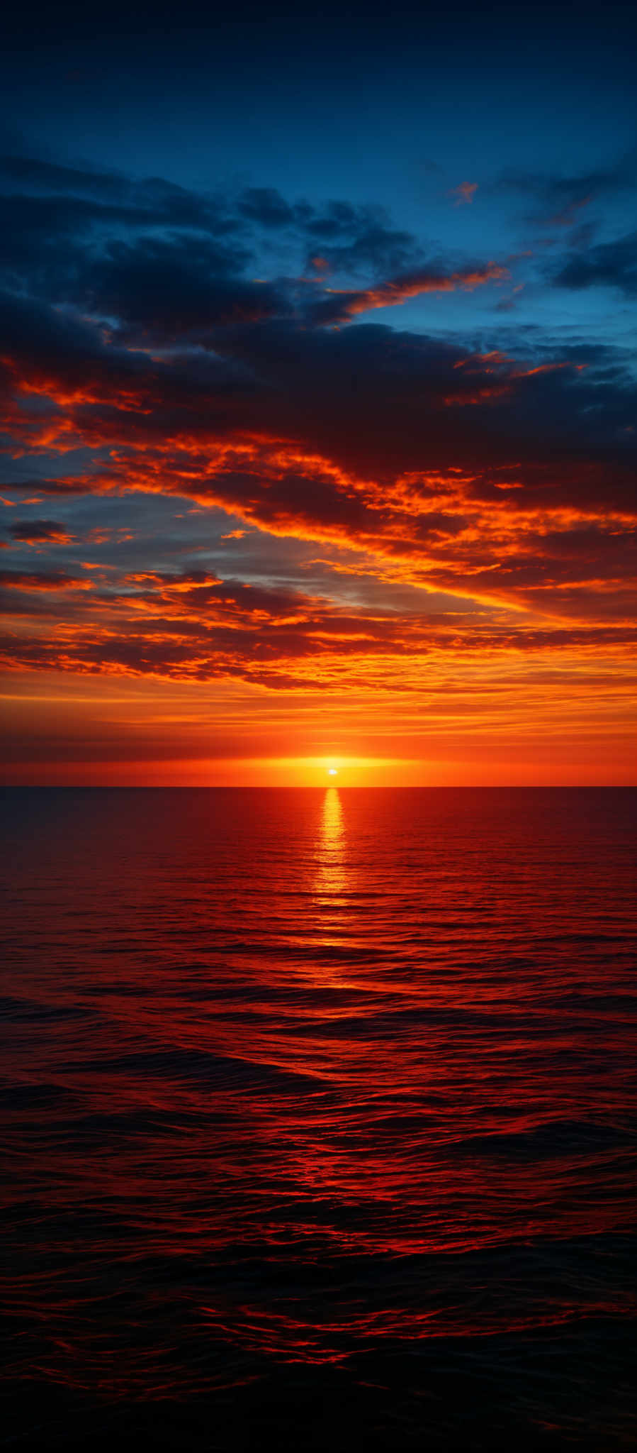 The image showcases a breathtaking sunset over the ocean. The sky is painted with a myriad of colors, ranging from deep blues at the top to fiery oranges and reds closer to the horizon. The sun is positioned near the center, casting a brilliant golden hue that reflects off the water. The clouds are scattered across the sky, with some appearing dark and dense while others are illuminated by the setting sun, showcasing a gradient of colors. The ocean below mirrors the sky's colors, with gentle waves creating a shimmering effect.