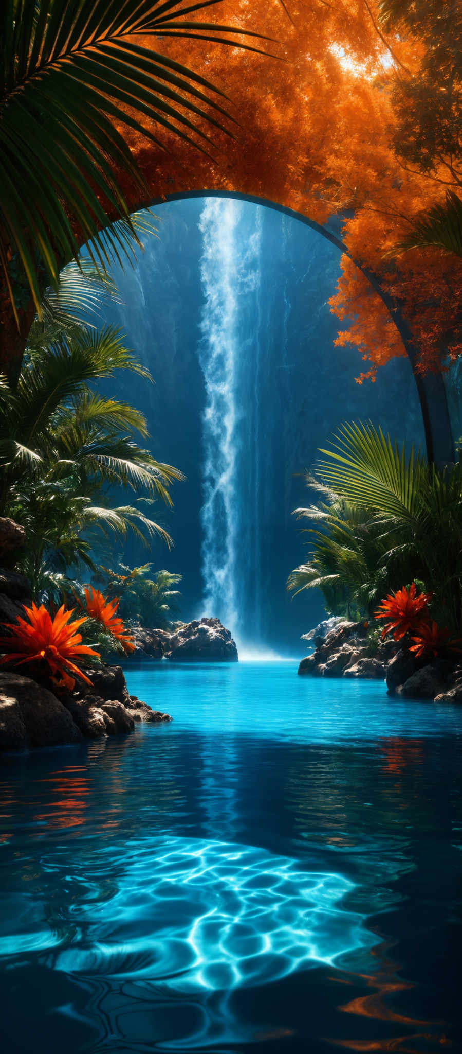 The image showcases a serene and picturesque landscape. Dominating the top half is a large, arching tree with vibrant orange leaves, which frames a waterfall cascading down a rocky cliff into a tranquil blue lagoon below. The lagoan's water is clear, reflecting the surrounding greenery and the waterfall. The foreground features lush green palm trees with bright orange flowers, and the entire scene is bathed in a soft, natural light, creating a dreamy ambiance.