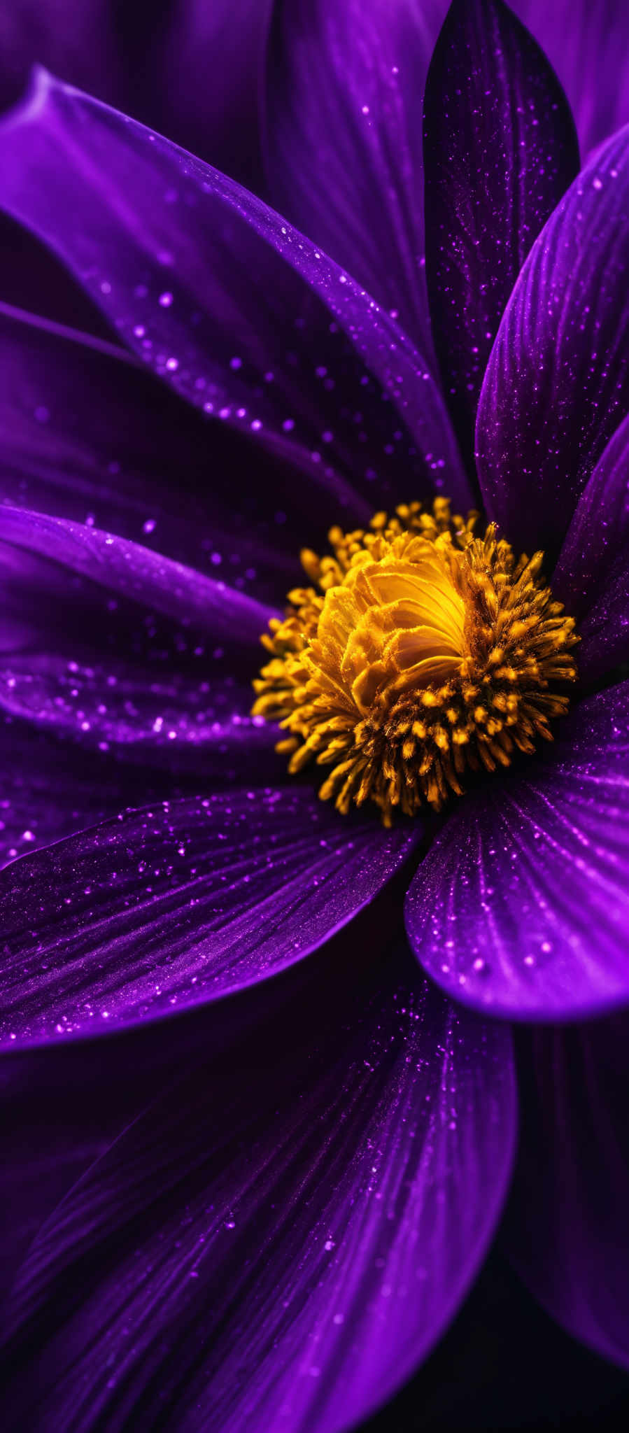 The image showcases a close-up of a flower. The dominant color is a deep shade of purple, which covers the petals. These petals have a smooth texture and are slightly translucent, revealing tiny water droplets on their surface. At the center of the flower, there's a vibrant yellow structure, which appears to be the flower's reproductive part. The yellow structure is intricate, with tightly packed, coiled filaments and a central, bulbous structure.