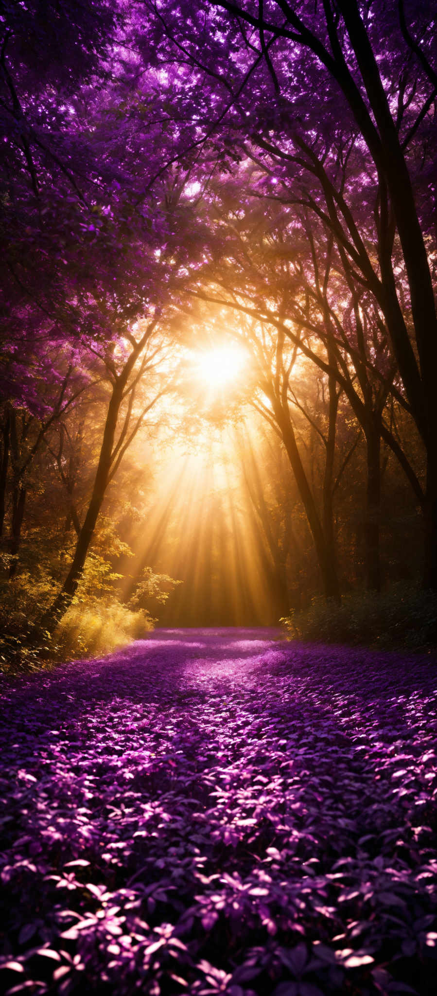 The image showcases a breathtaking forest scene during what appears to be sunrise or sunset. The dominant color is a vibrant shade of purple, emanating from the trees' leaves. The trees have a tall and slender shape, with their branches reaching out in various directions. The ground is covered in a dense carpet of purplish leaves, creating a surreal and dreamy ambiance. Sunlight filters through the trees, casting a golden hue and creating beautiful rays that illuminate the forest floor.