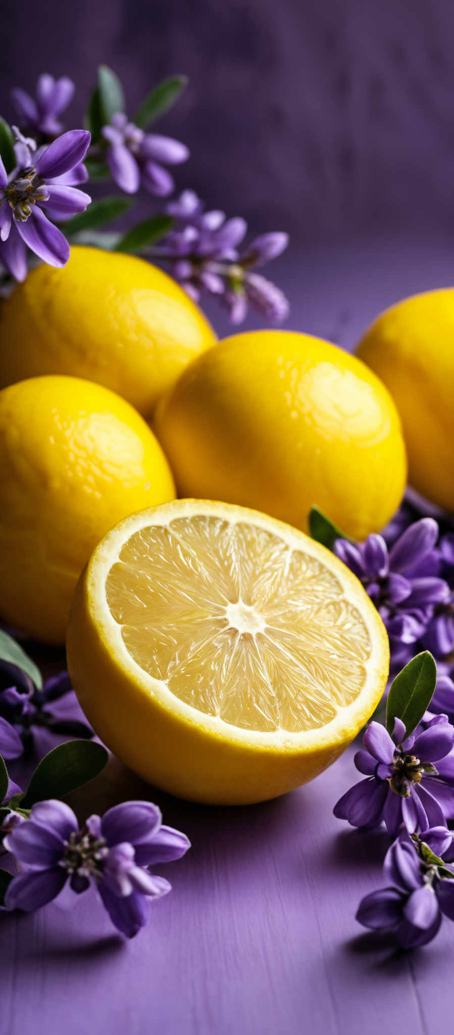 The image showcases vibrant yellow lemons, with one of them sliced open, revealing its translucent flesh and intricate patterns of the lemon's internal segments. The background is a deep purple, which contrasts beautifully with the bright yellow of the lemons. The scene is adorned with delicate purple flowers, adding a touch of elegance and color contrast.