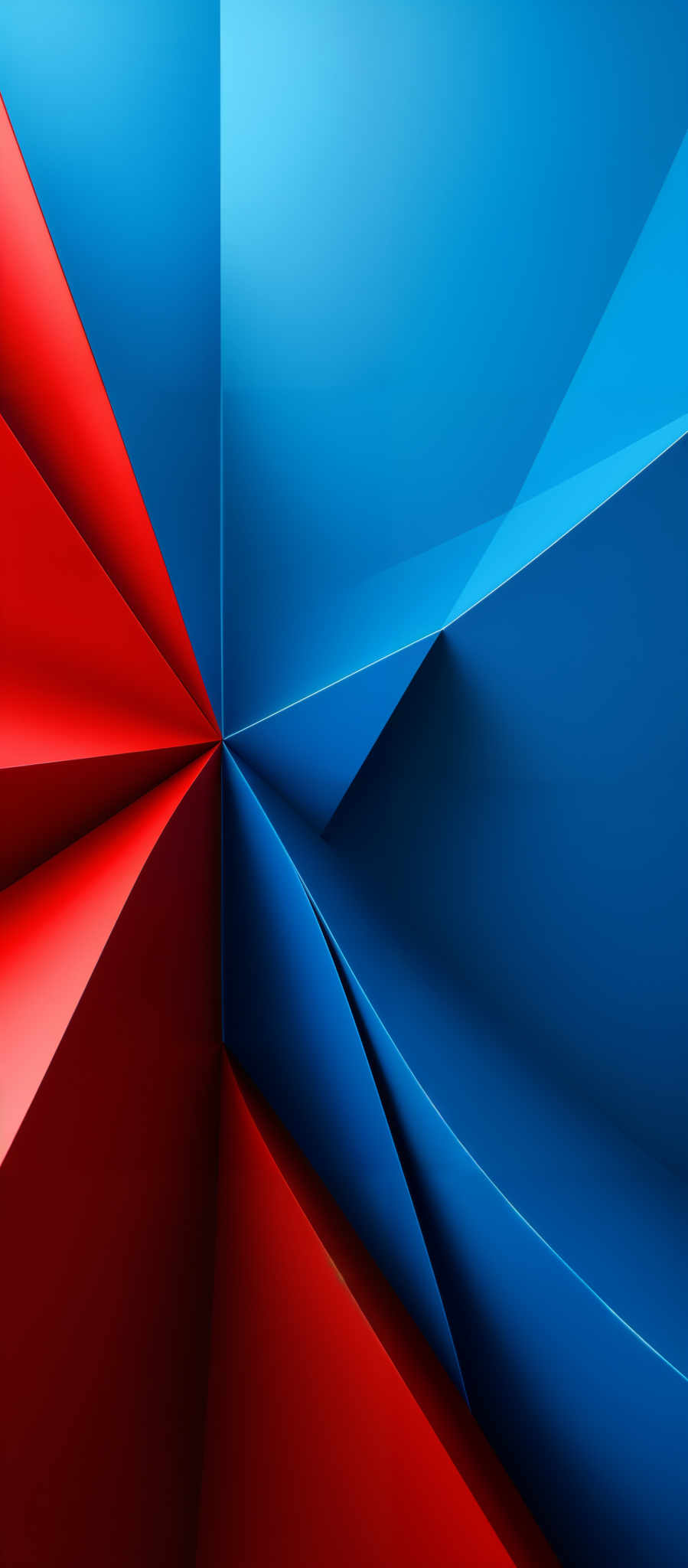 The image showcases a vibrant and dynamic abstract design. It predominantly features two contrasting colors: a deep shade of blue and a bold red. The blue forms a series of overlapping geometric shapes, creating a sense of depth and dimension. These shapes appear to be folded or layered, giving the image a three-dimensional feel. The red, on the other hand, forms sharp, angular lines that radiate outwards, almost as if they are emanating energy or light. The juxtaposition of these colors and shapes creates a visually striking and modern aesthetic.