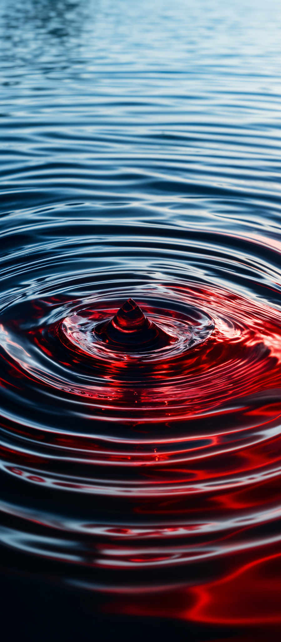 The image showcases a close-up of water ripples. The dominant colors are deep blue and vibrant red. The shape is circular, with concentric ripple patterns emanating from a central point, which appears to be the point of impact or disturbance. The water's surface reflects light, creating a shimmering effect, and the rippled patterns give a sense of movement and fluidity.