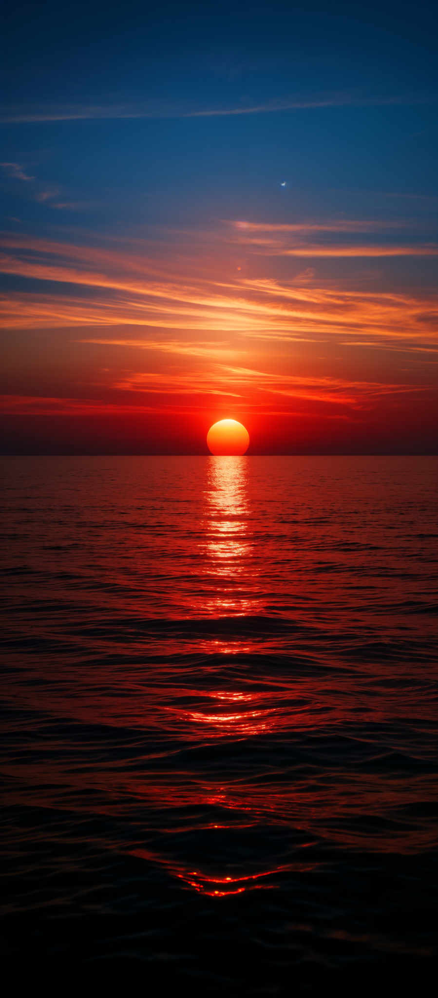 The image showcases a breathtaking sunset over the ocean. The sky is painted with hues of blue, transitioning to a fiery orange and deep red near the horizon. The sun is captured just above the water, casting a brilliant reflection on the water's surface. The horizon is defined by the meeting point of the sky and the ocean, with the sun's glow creating a gradient of colors. Above the sun, there's a delicate crescent moon visible. The water below reflects the colors of the sunset, creating a shimmering path of light.