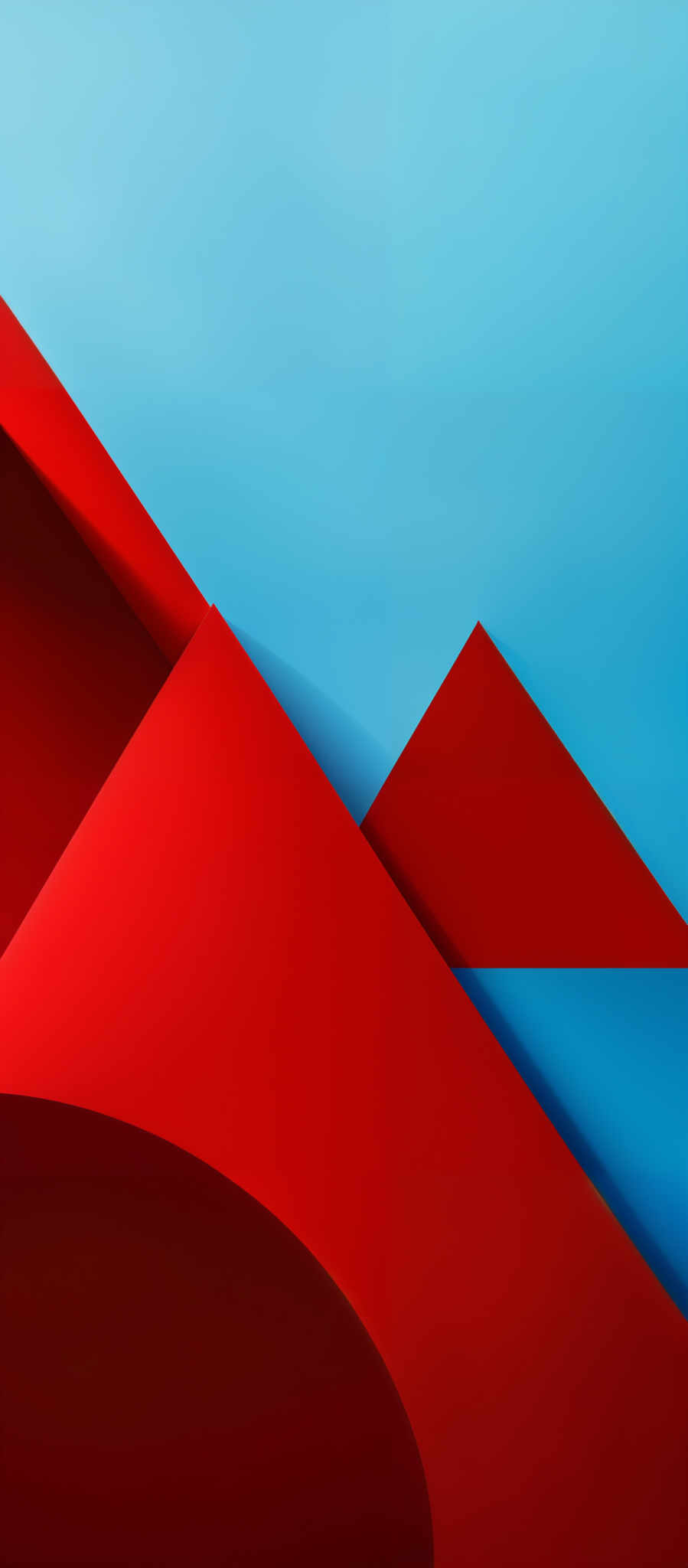 The image showcases a vibrant and abstract design. It predominantly features two large triangular shapes in a gradient of red to a deep maroon. These triangles intersect with a semi-circular shape in a similar gradient, transitioning from a deep red at the top to a darker shade at the bottom. The background is a gradient blue, transition from a light sky blue at the upper part to a deeper shade of blue towards the bottom, giving a sense of depth and dimension to the image, making the triangles and semi-circle pop out.