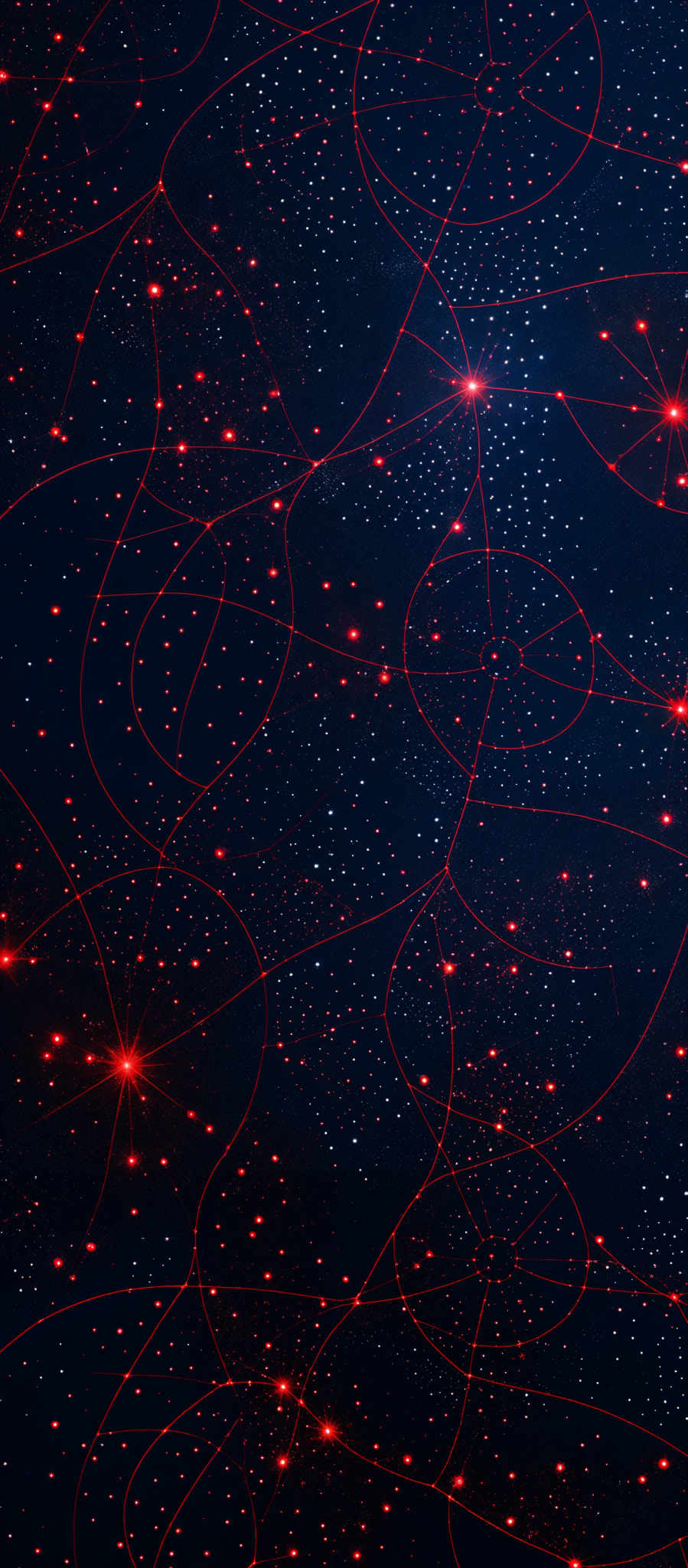 The image predominantly features a deep blue background interspersed with bright white dots, resembling stars. Overlaying this are intricate, overlapping red lines forming circular and semi-circular patterns. These patterns seem to radiate outward, creating a sense of depth and dimension. The combination of the starry background and the interconnected lines gives the image a cosmic or constellation-like appearance.