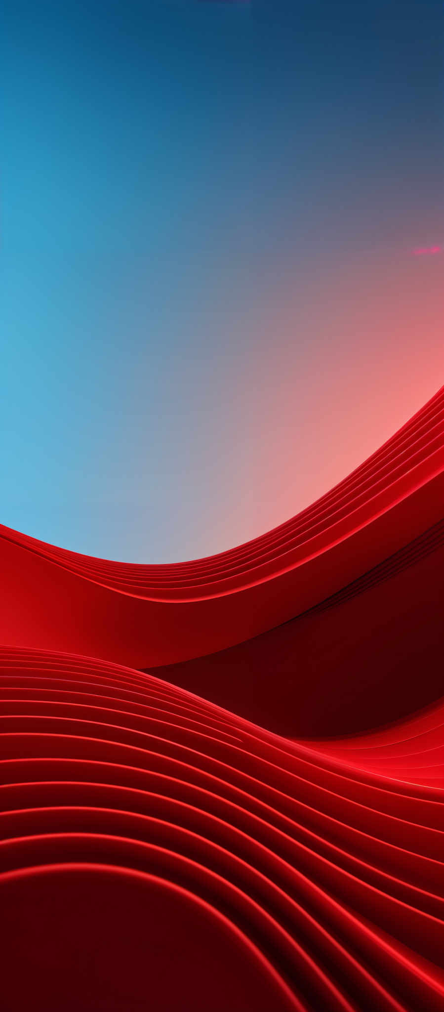 The image showcases a vibrant and abstract design. The dominant color is a deep shade of red, which is used to create wavy, layered patterns that resemble a series of undulating hills or waves. These patterns are set against a gradient background that transitions from a deep blue at the top to a soft pinkish hue at the bottom. The overall effect is both visually striking and harmonious, evoking feelings of movement and fluidity.