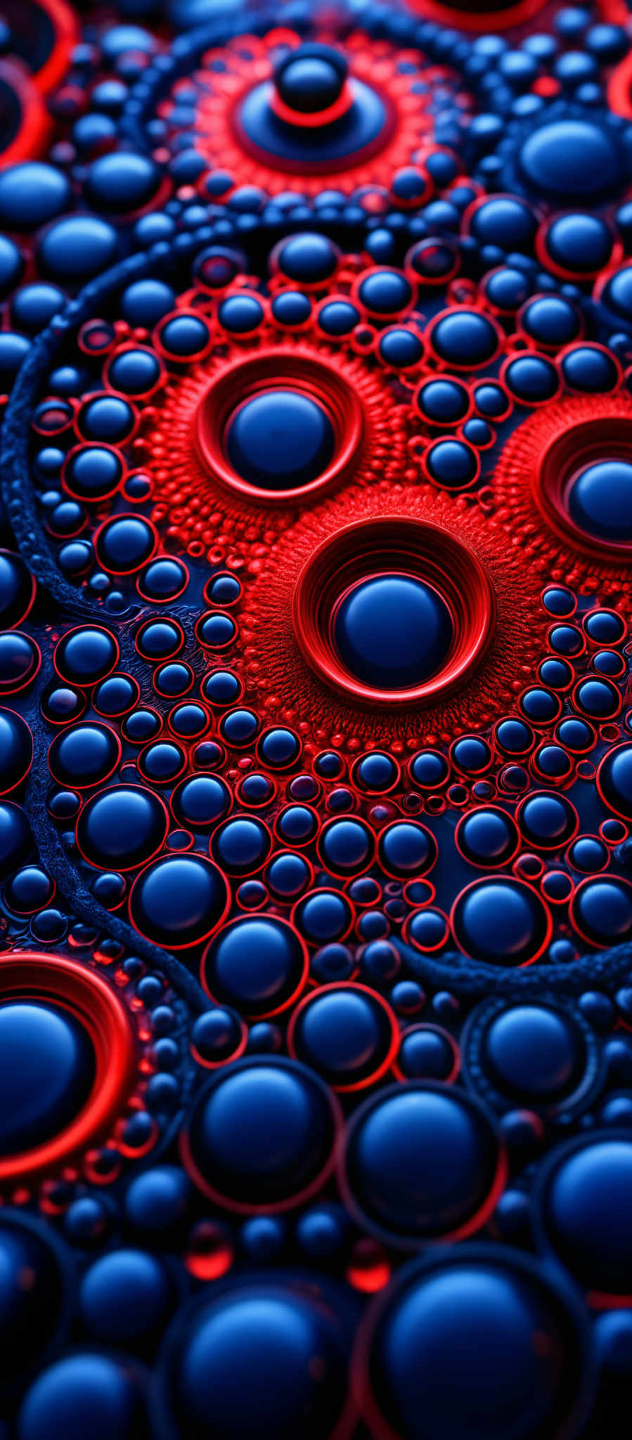 The image showcases a vibrant and intricate pattern of circular and oval shapes. The dominant colors are deep red and deep blue, creating a striking contrast. The circles are of varying sizes, with some appearing as simple circles while others have intricate patterns and designs around them. The overall design gives an impression of a complex, mesmerizing, and artistic representation.