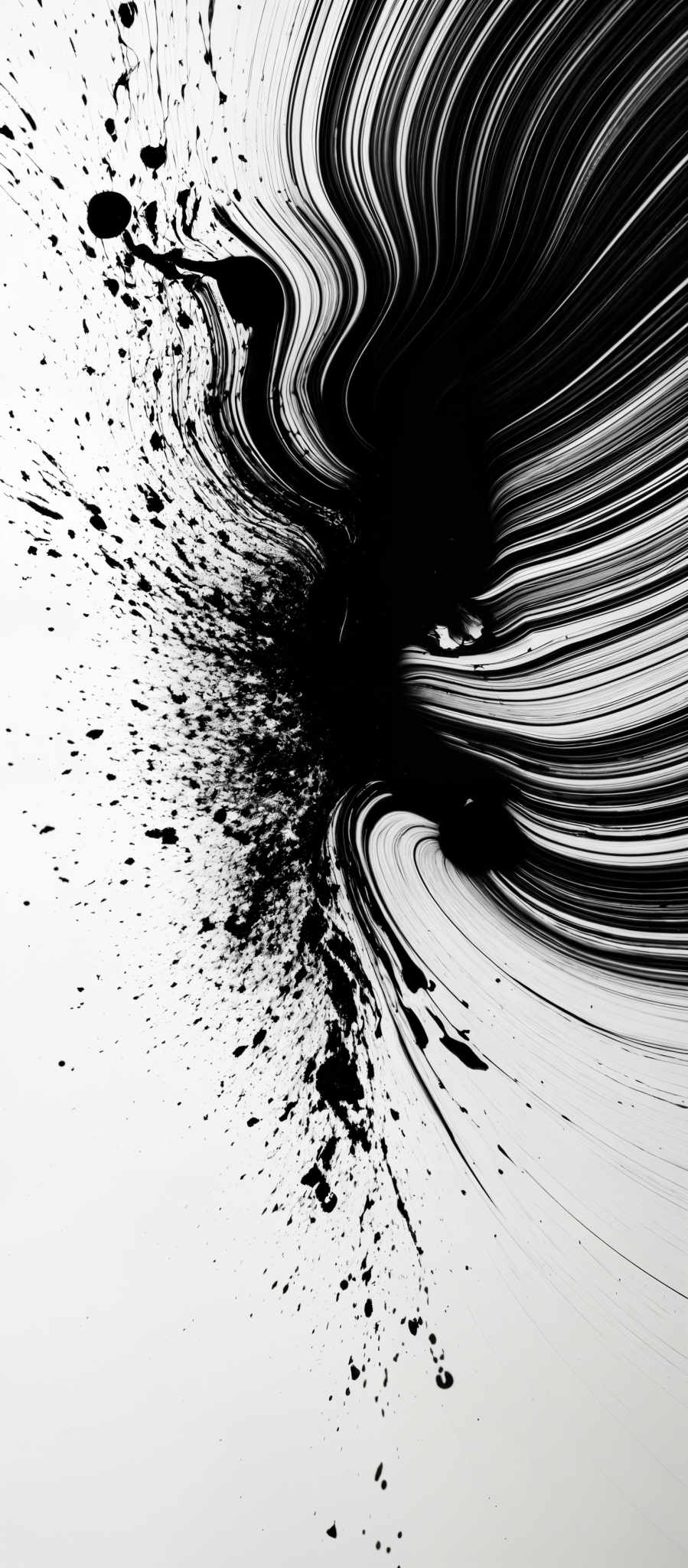 The image predominantly features black and white colors. It showcases a dynamic interplay of swirling patterns and splatters. The swirled patterns resemble flowing liquid or smoke, creating a sense of motion and fluidity. The splatTERs, on the other hand, add a burst of energy and chaos to the composition, contrasting with the smoothness of the swirls.